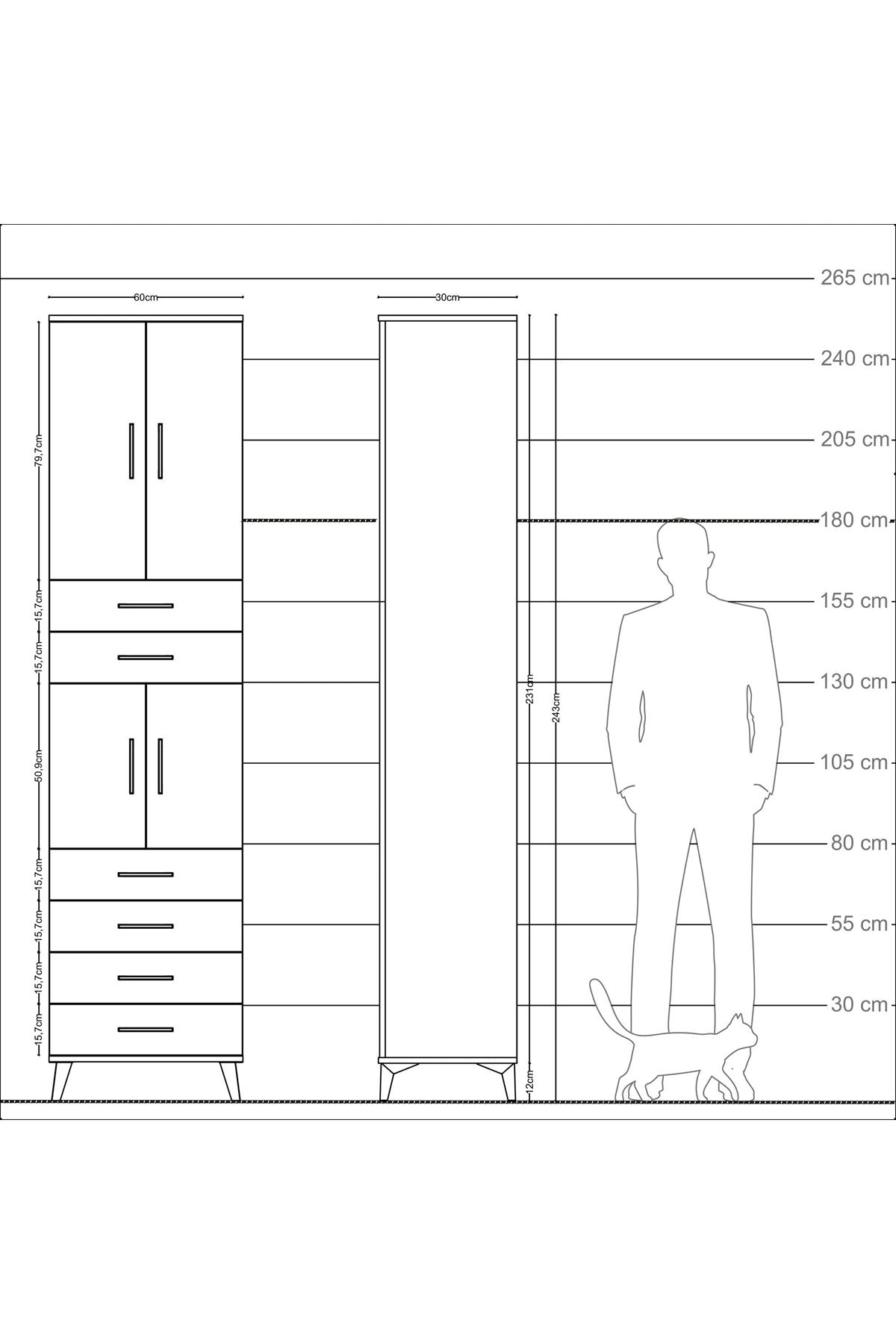 Arges Dolap 4 Raflı 6 Çekmeceli 4 Kapaklı 60x30x243 Çam-Çam