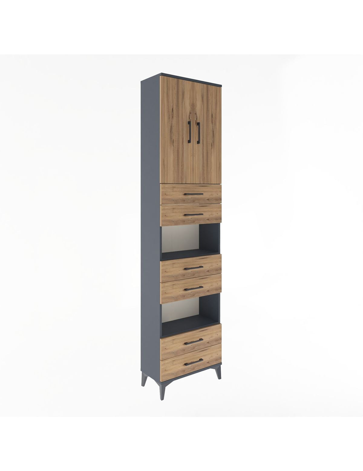 Arges Dolap 5 Raflı 6 Çekmeceli 2 Kapaklı 60x30x243 Antrasit-Çam