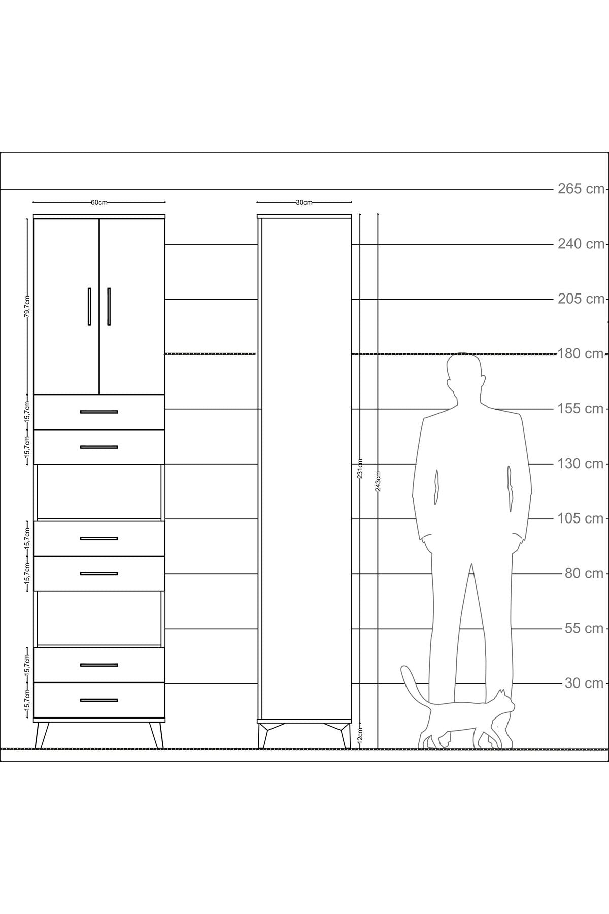 Arges Dolap 5 Raflı 6 Çekmeceli 2 Kapaklı 60x30x243 Çam-Aytaşı