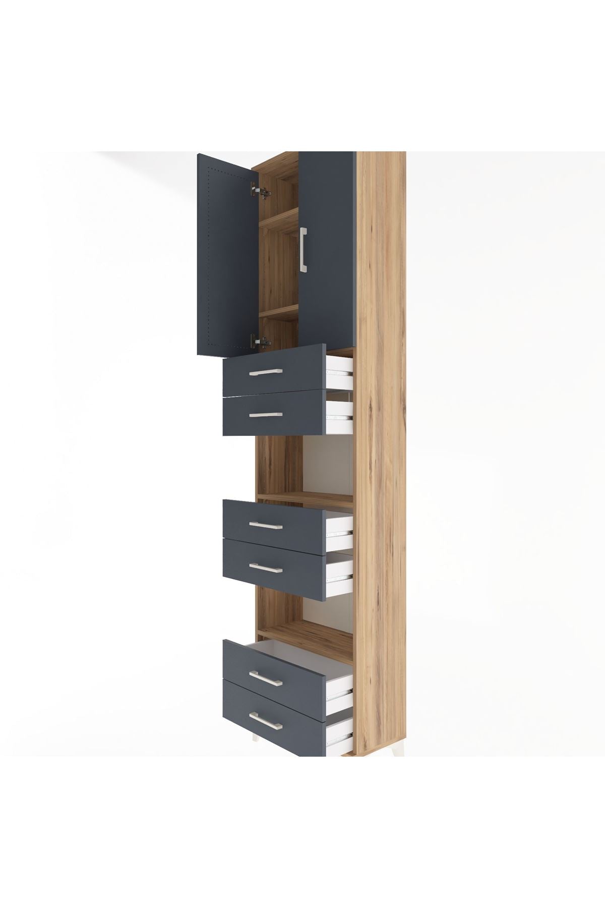 Arges Dolap 5 Raflı 6 Çekmeceli 2 Kapaklı 60x30x243 Çam-Antrasit