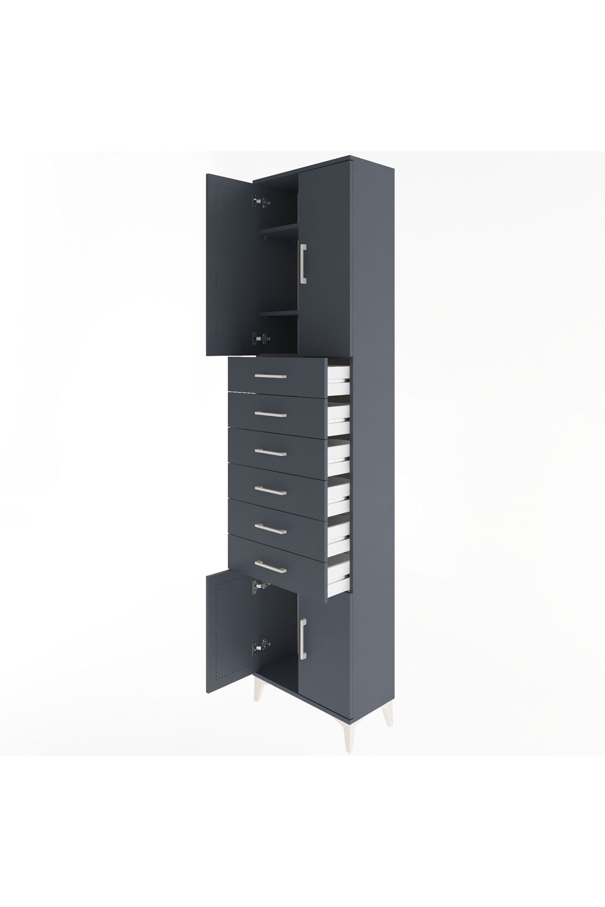 Arges Dolap 3 Raflı 6 Çekmeceli 4 Kapaklı 60x30x243 Antrasit-Antrasit