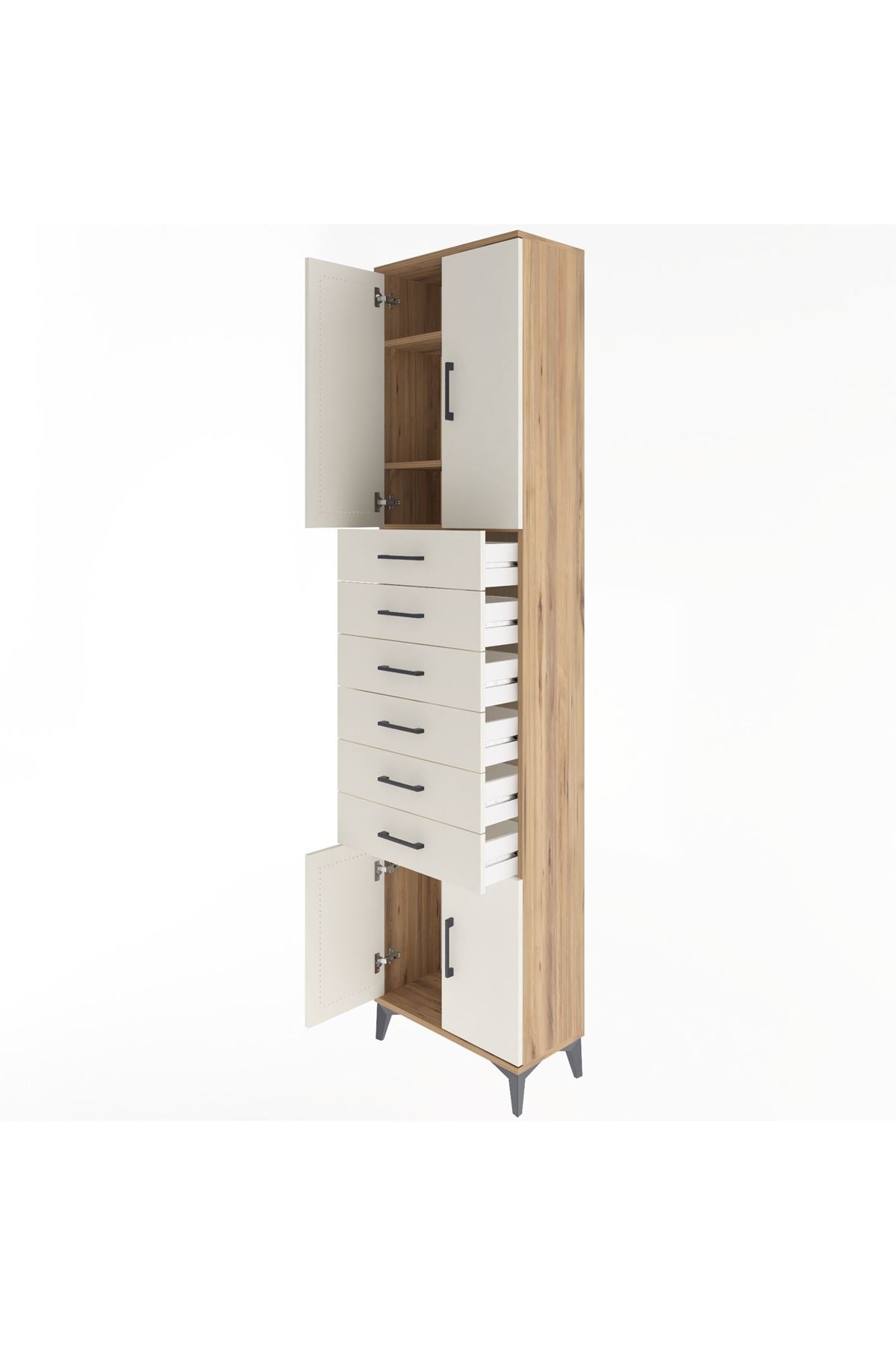 Arges Dolap 3 Raflı 6 Çekmeceli 4 Kapaklı 60x30x243 Çam-Aytaşı