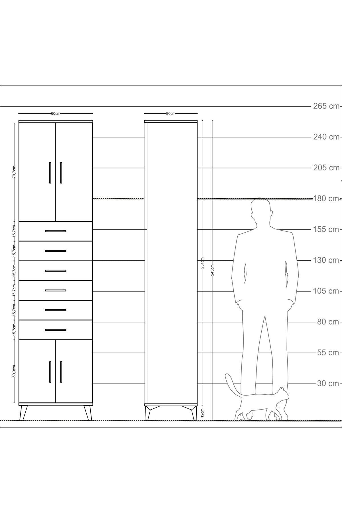 Arges Dolap 3 Raflı 6 Çekmeceli 4 Kapaklı 60x30x243 Çam-Aytaşı