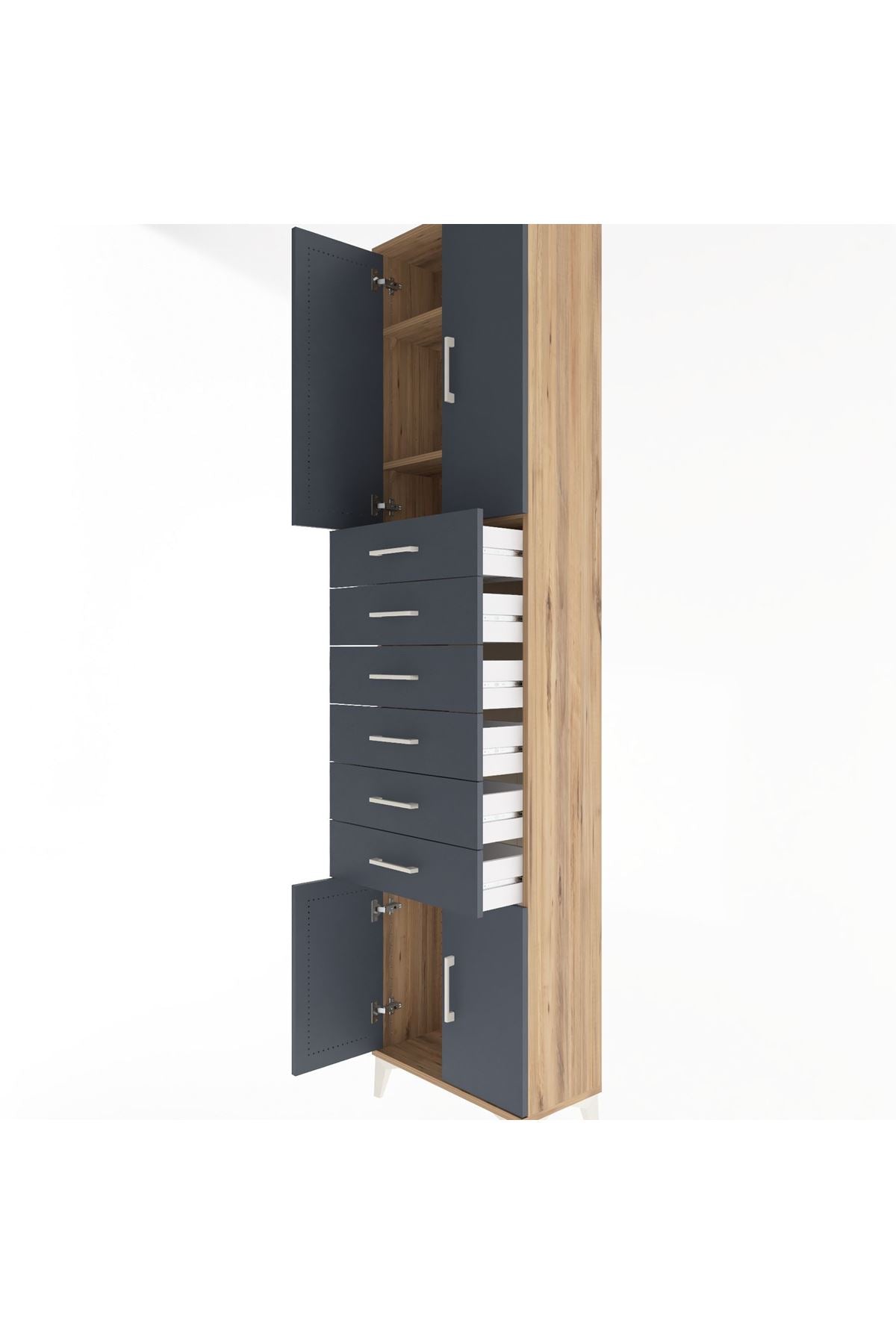 Arges Dolap 3 Raflı 6 Çekmeceli 4 Kapaklı 60x30x243 Çam-Antrasit