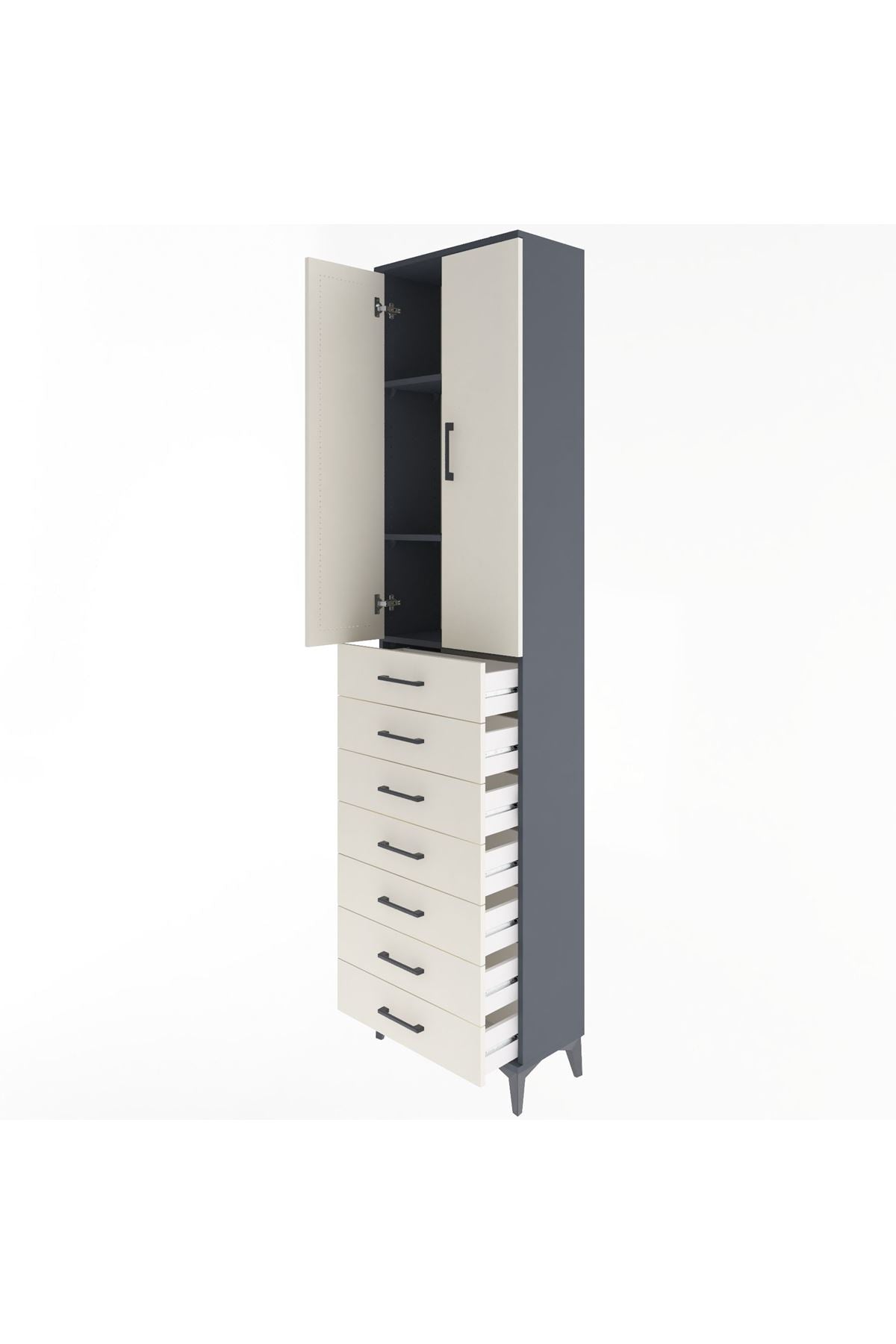 Arges Dolap 3 Raflı 7 Çekmeceli 2 Kapaklı 60x30x243 Antrasit-Aytaşı