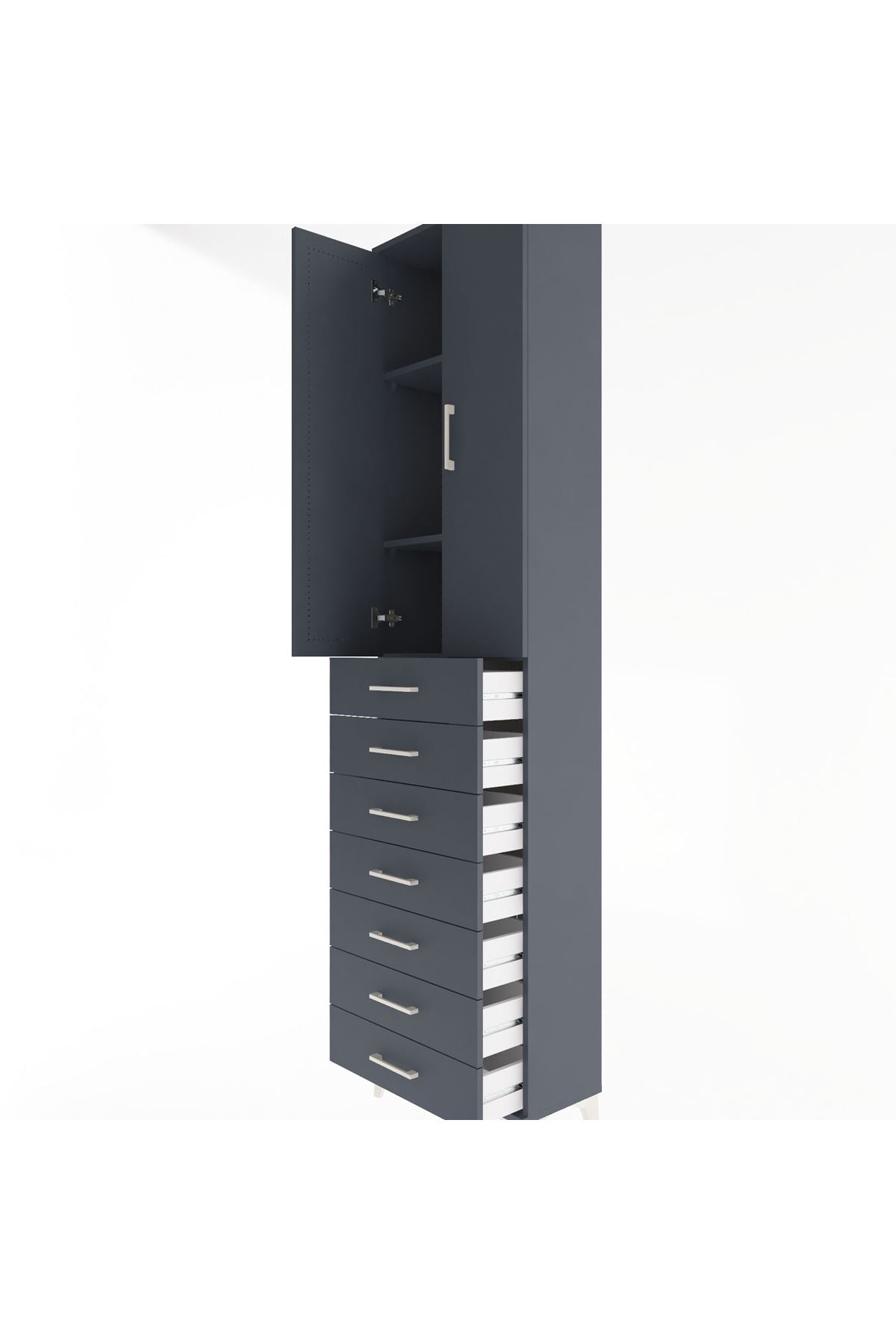 Arges Dolap 3 Raflı 7 Çekmeceli 2 Kapaklı 60x30x243 Antrasit-Antrasit