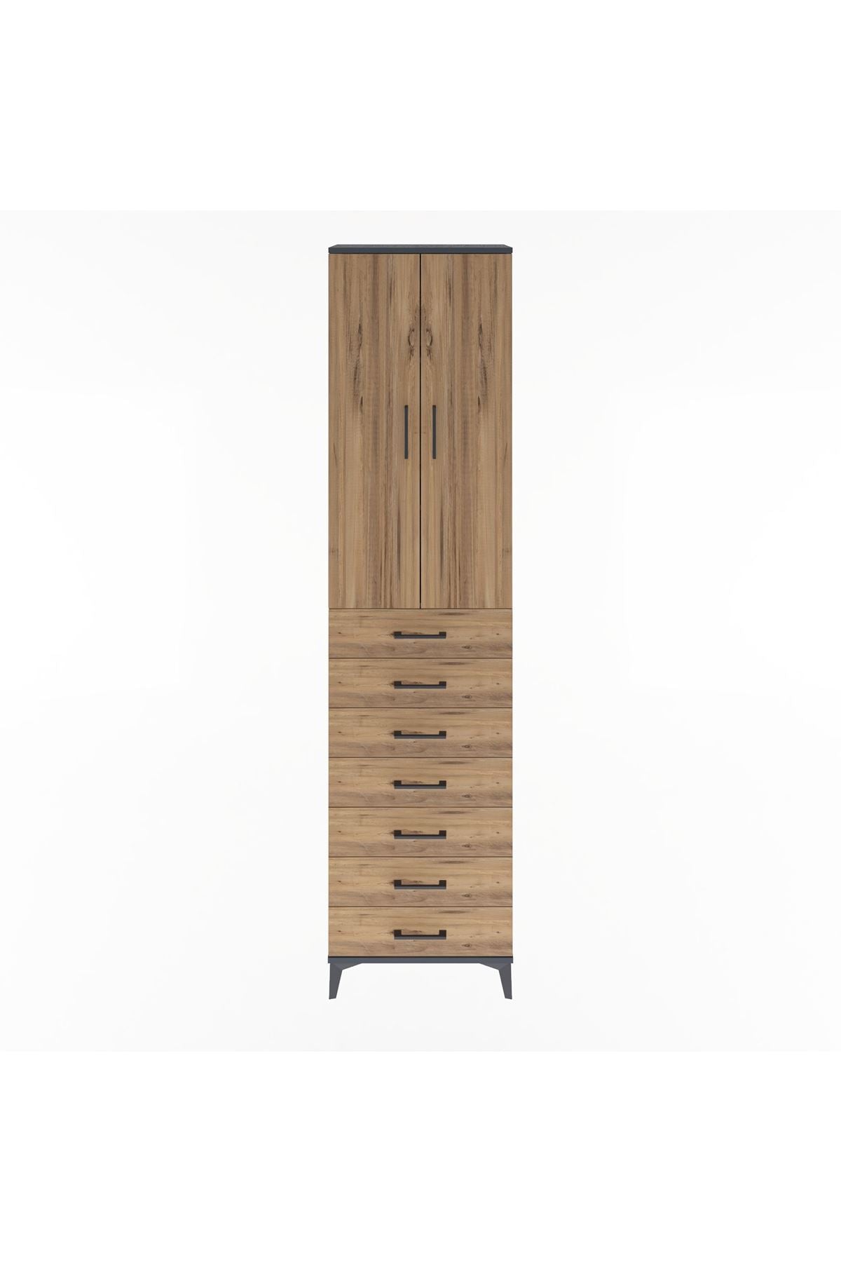 Arges Dolap 3 Raflı 7 Çekmeceli 2 Kapaklı 60x30x243 Antrasit-Çam