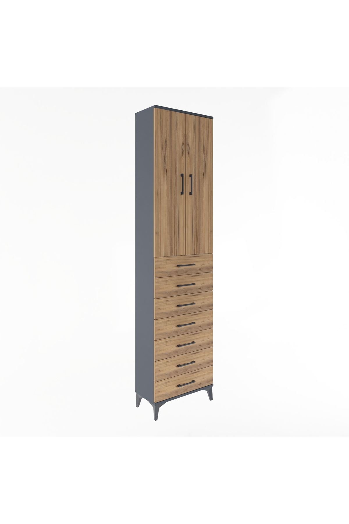 Arges Dolap 3 Raflı 7 Çekmeceli 2 Kapaklı 60x30x243 Antrasit-Çam