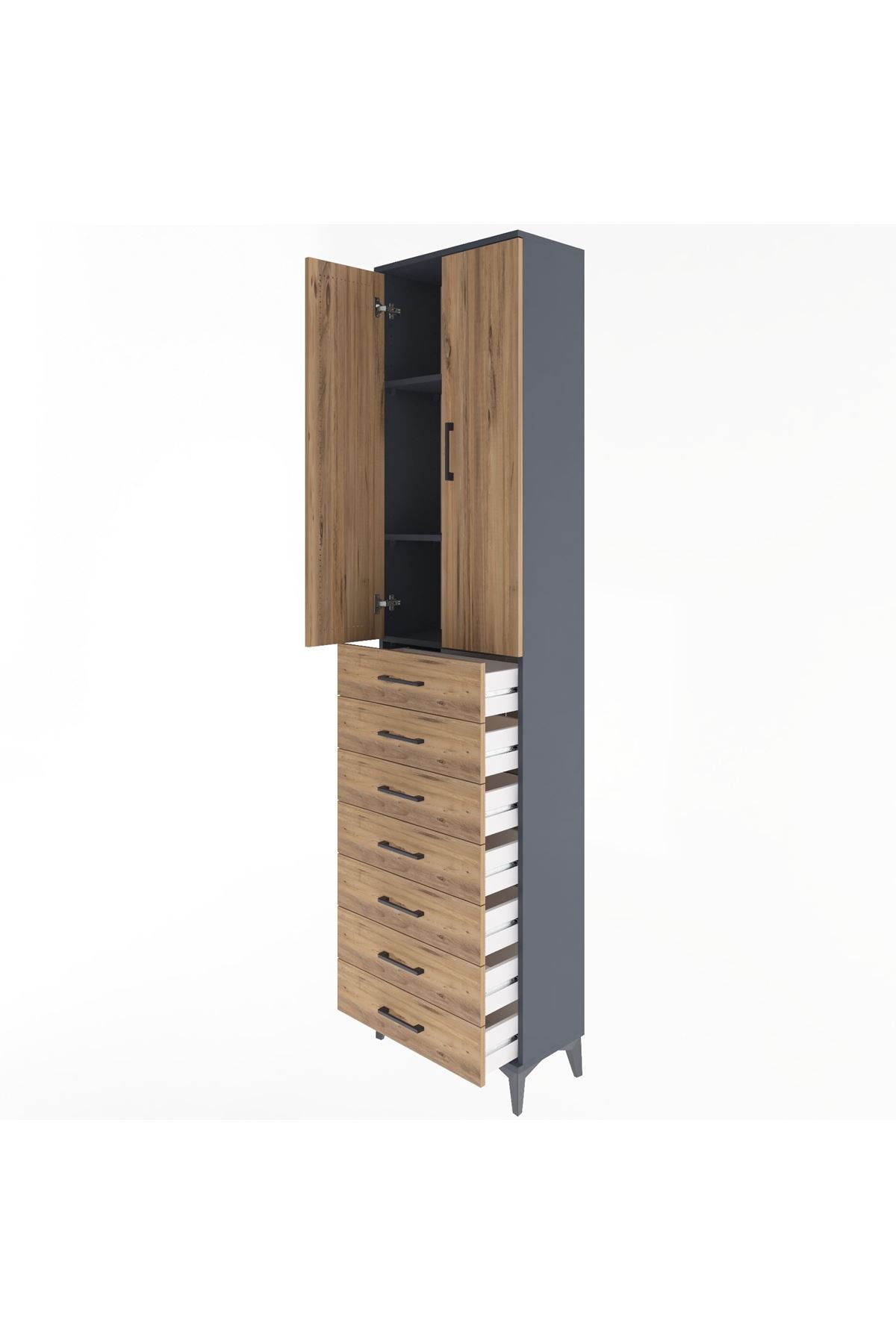 Arges Dolap 3 Raflı 7 Çekmeceli 2 Kapaklı 60x30x243 Antrasit-Çam