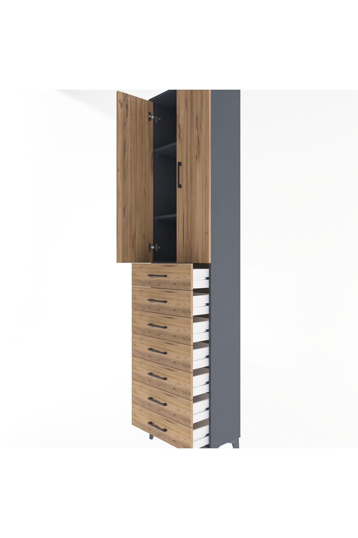 Arges Dolap 3 Raflı 7 Çekmeceli 2 Kapaklı 60x30x243 Antrasit-Çam