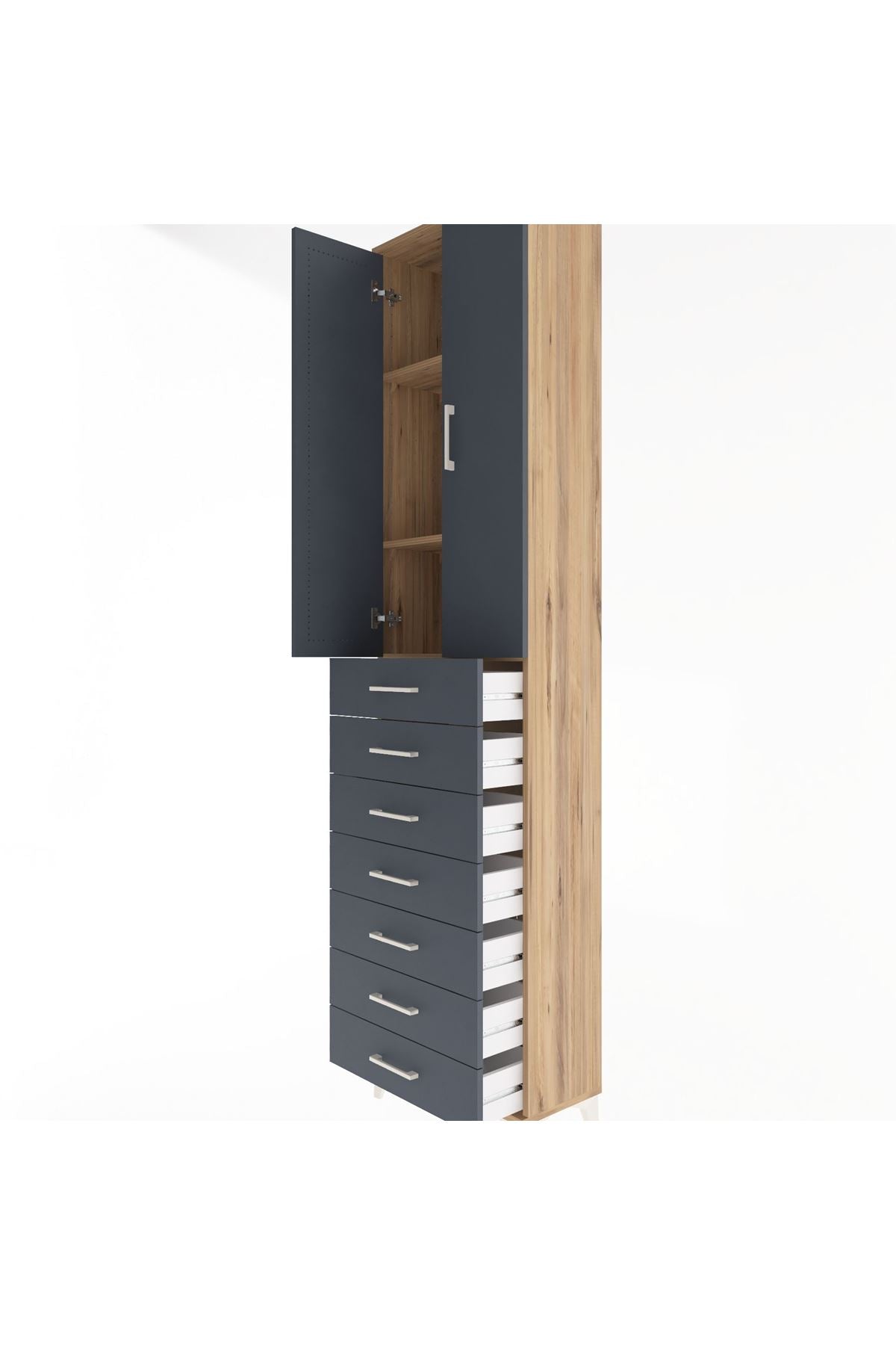 Arges Dolap 3 Raflı 7 Çekmeceli 2 Kapaklı 60x30x243 Çam-Antrasit