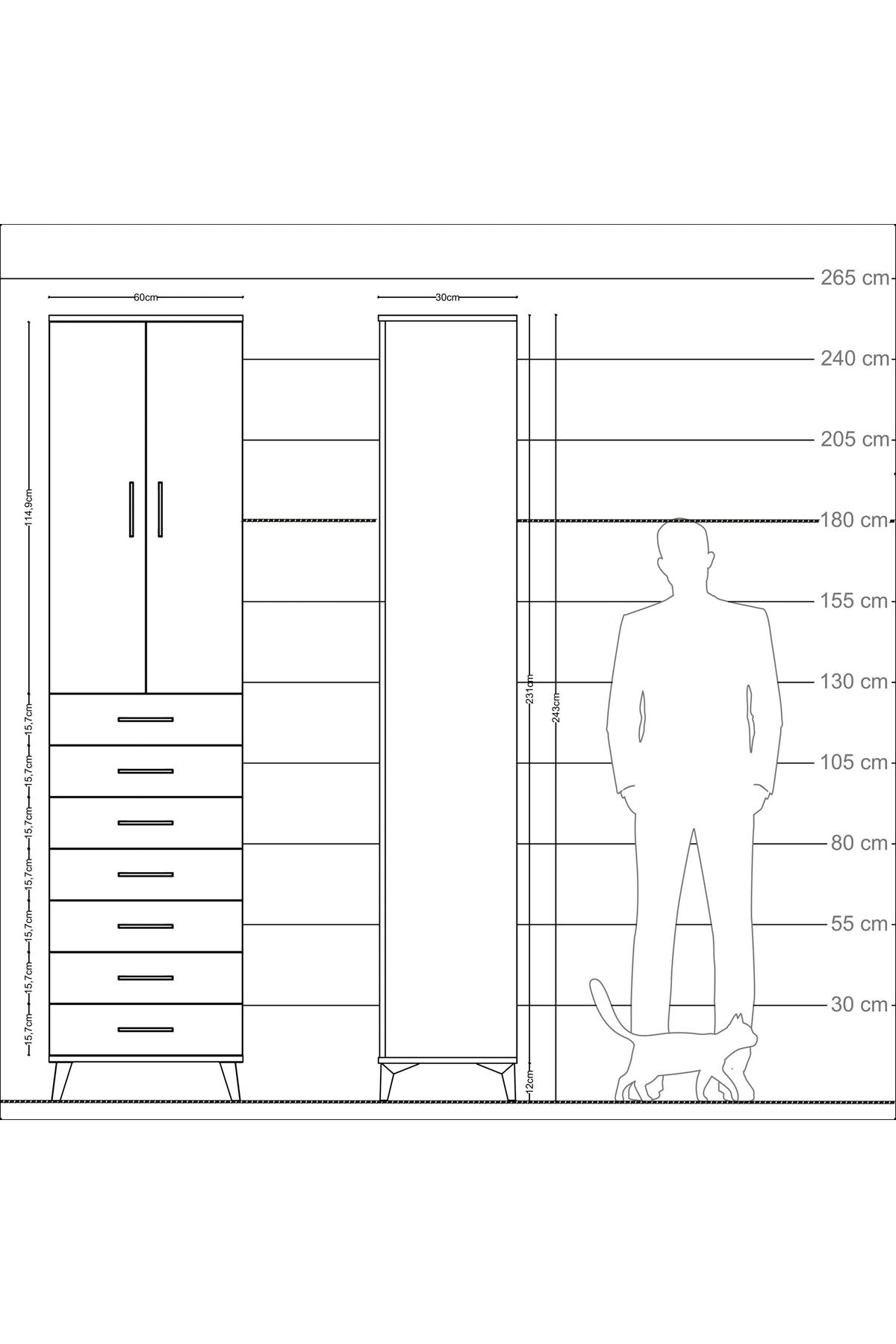 Arges Dolap 3 Raflı 7 Çekmeceli 2 Kapaklı 60x30x243 Çam-Antrasit
