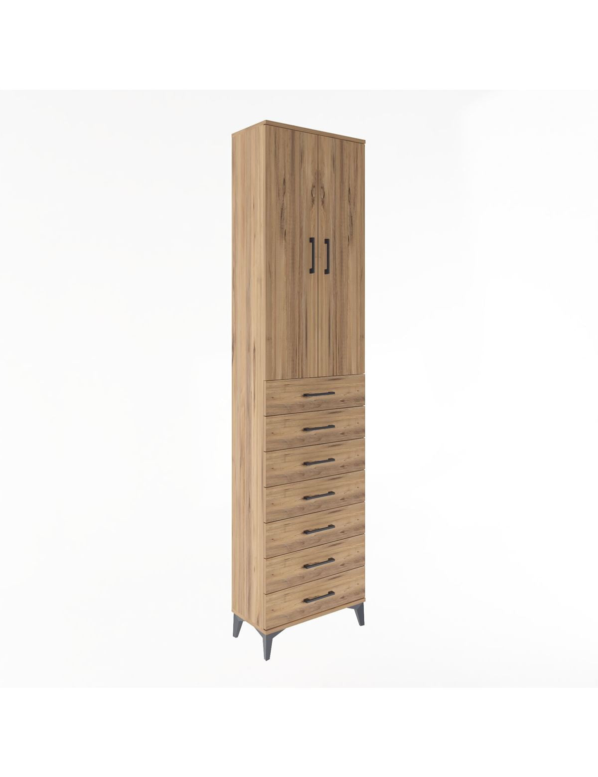 Arges Dolap 3 Raflı 7 Çekmeceli 2 Kapaklı 60x30x243 Çam-Çam