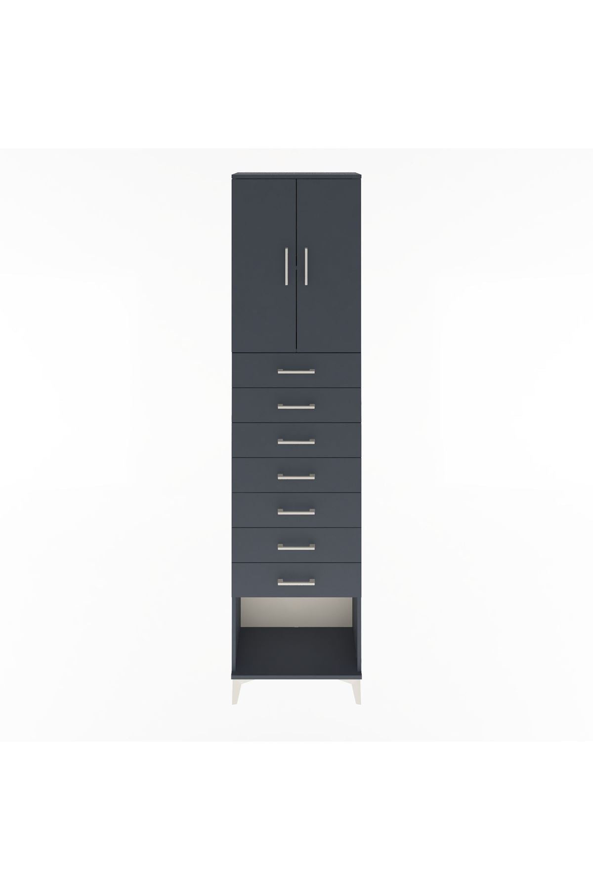 Arges Dolap 2 Raflı 7 Çekmeceli 2 Kapaklı 60x30x243 Antrasit-Antrasit