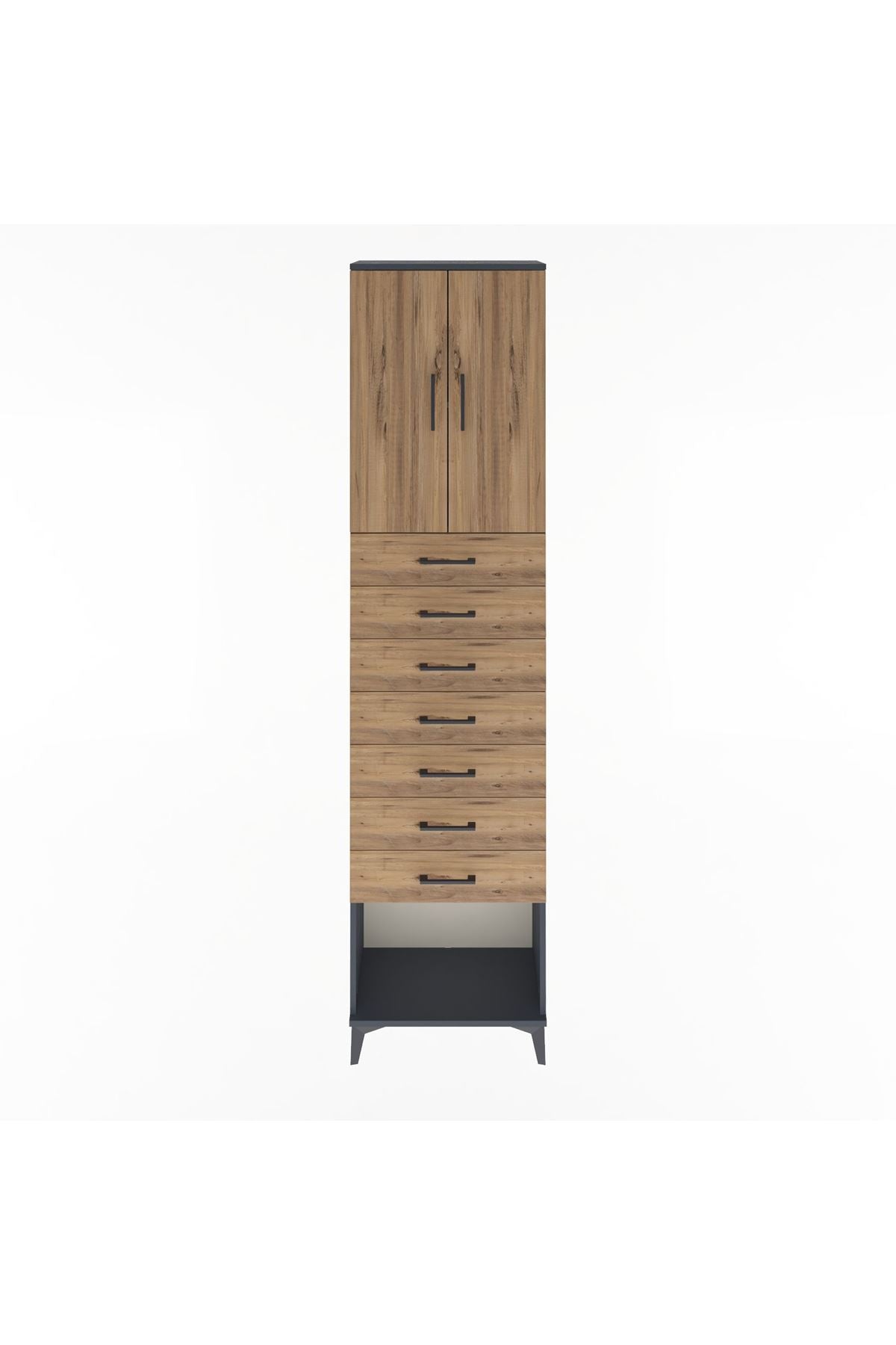 Arges Dolap 2 Raflı 7 Çekmeceli 2 Kapaklı 60x30x243 Antrasit-Çam