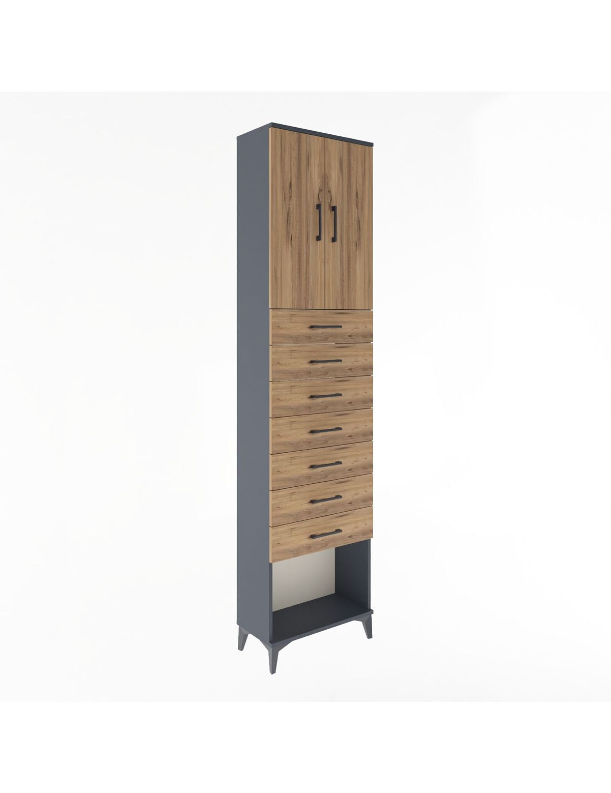 Arges Dolap 2 Raflı 7 Çekmeceli 2 Kapaklı 60x30x243 Antrasit-Çam