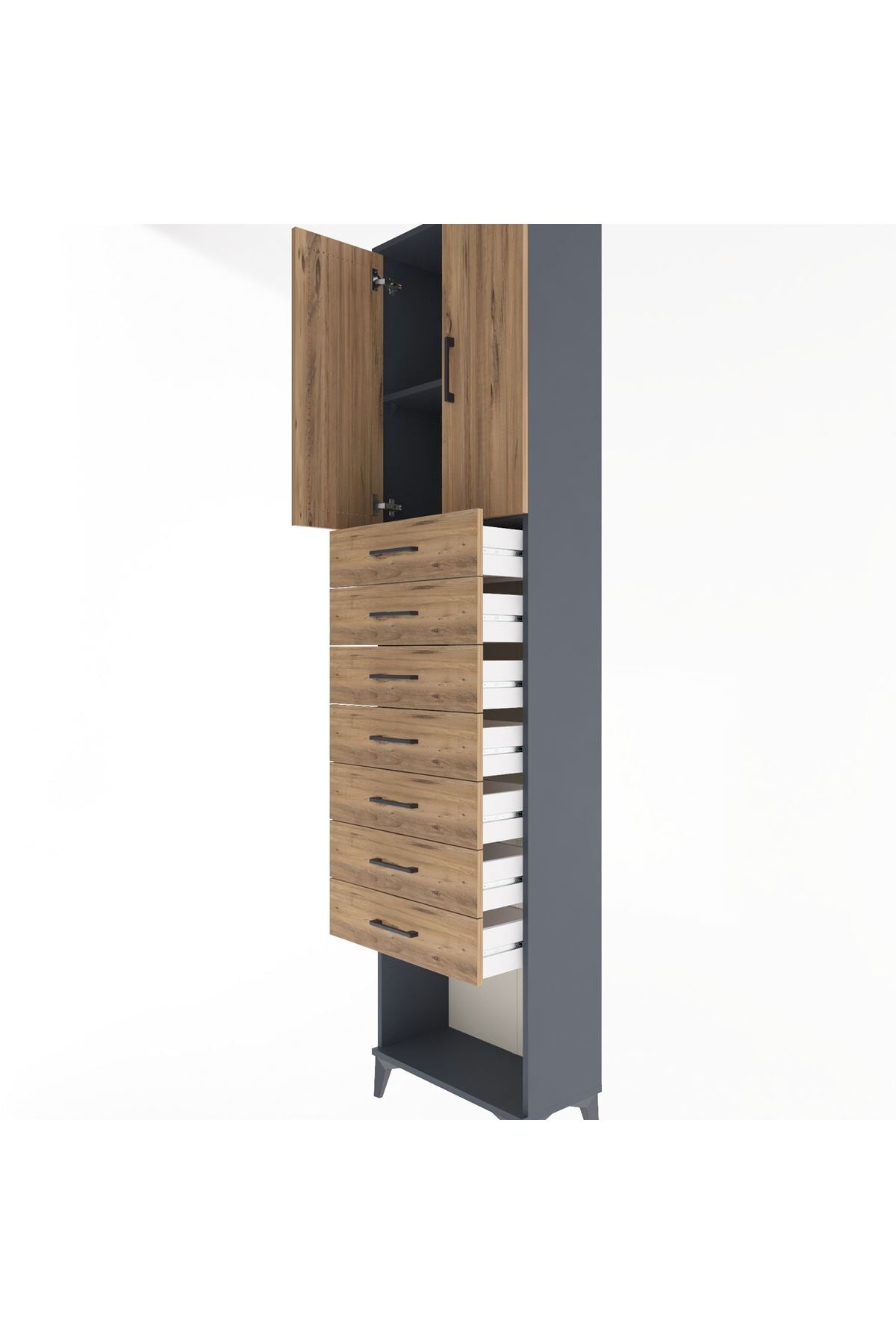 Arges Dolap 2 Raflı 7 Çekmeceli 2 Kapaklı 60x30x243 Antrasit-Çam