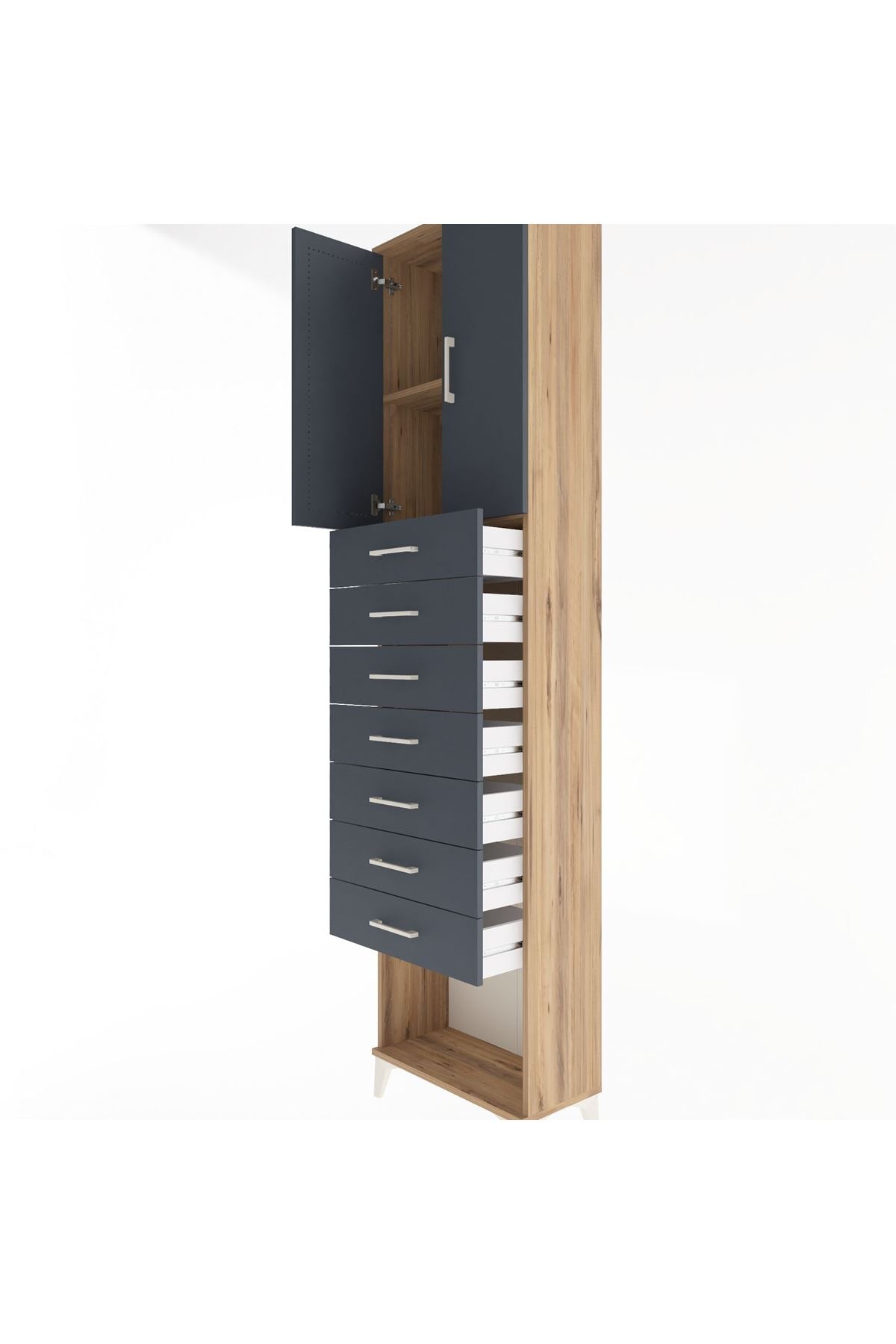 Arges Dolap 2 Raflı 7 Çekmeceli 2 Kapaklı 60x30x243 Çam-Antrasit