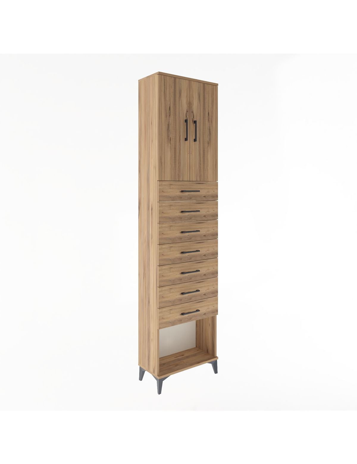 Arges Dolap 2 Raflı 7 Çekmeceli 2 Kapaklı 60x30x243 Çam-Çam