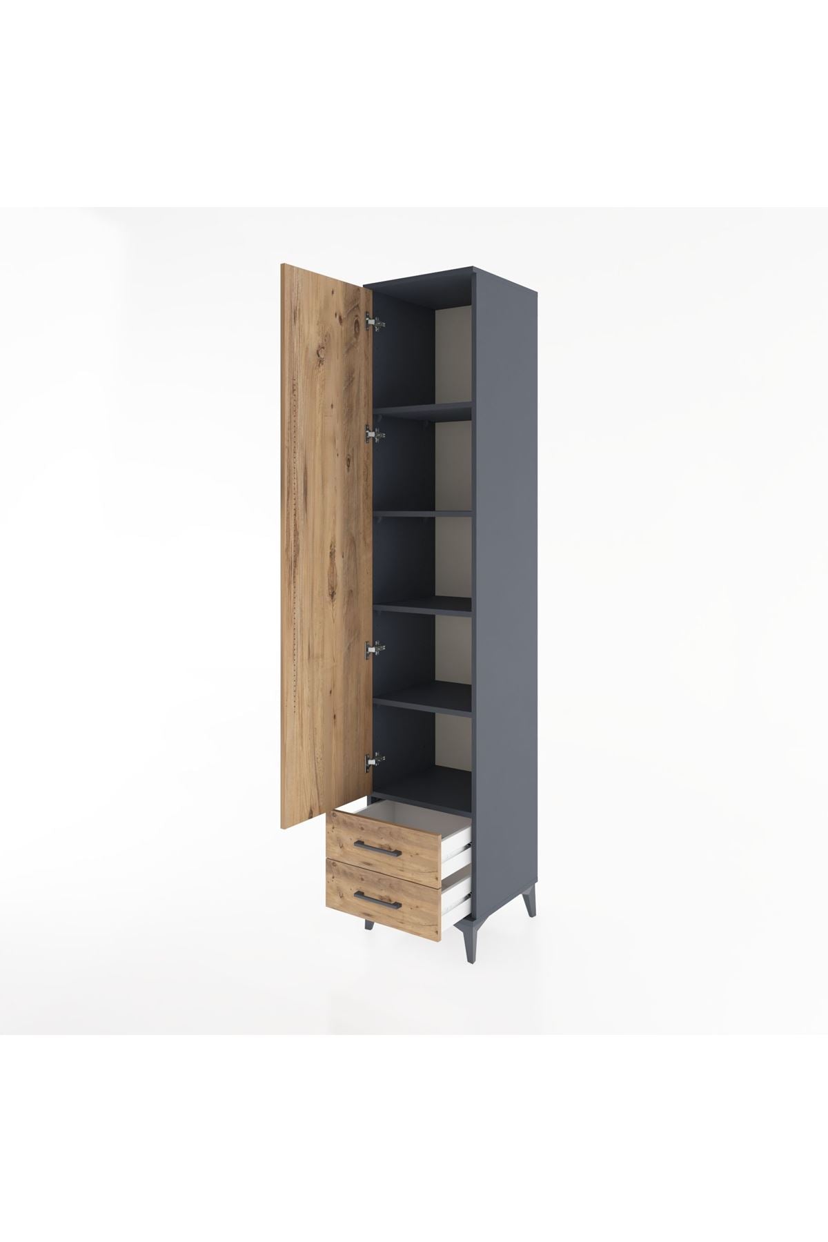 Hyperion Dolap 5 Raflı 2 Çekmeceli Tek Kapaklı 44x44x221 Antrasit-Çam