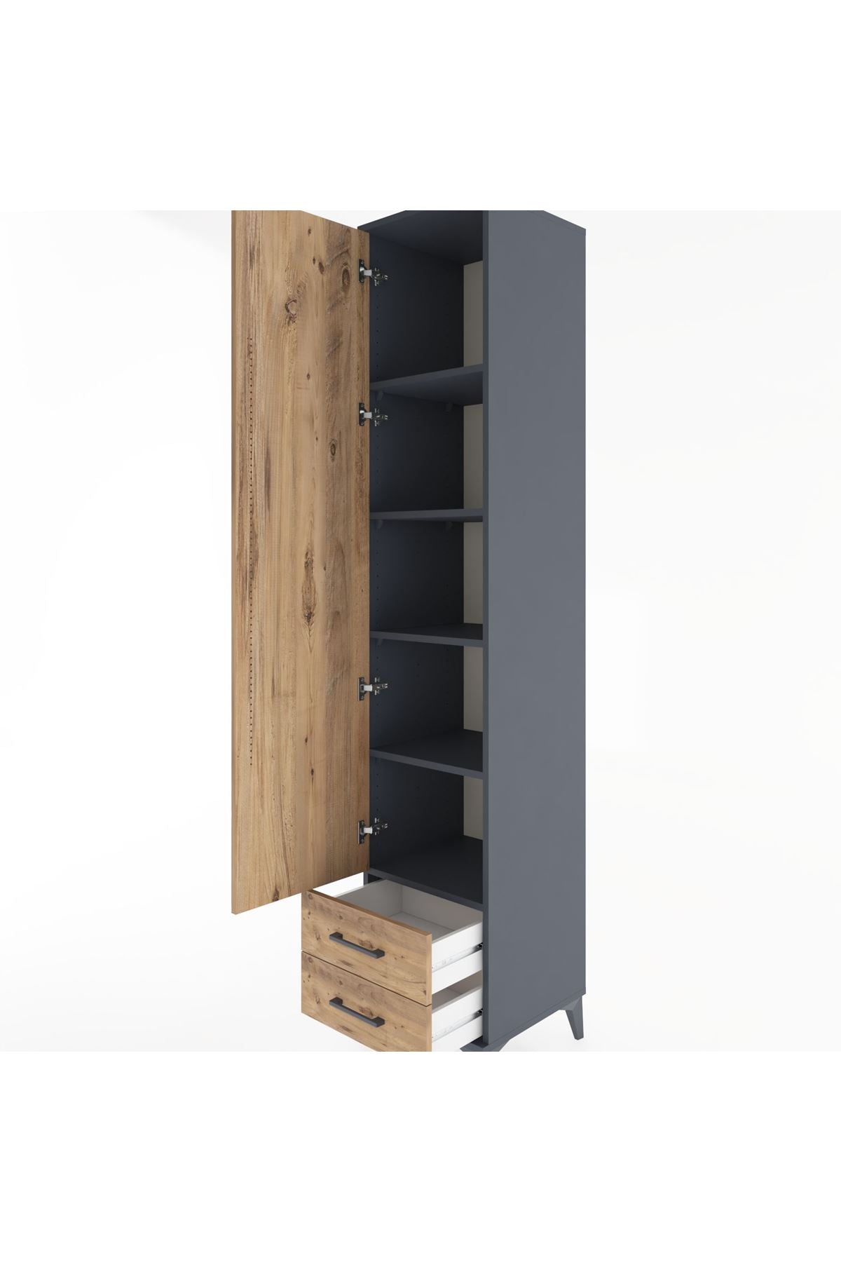 Hyperion Dolap 5 Raflı 2 Çekmeceli Tek Kapaklı 44x44x221 Antrasit-Çam