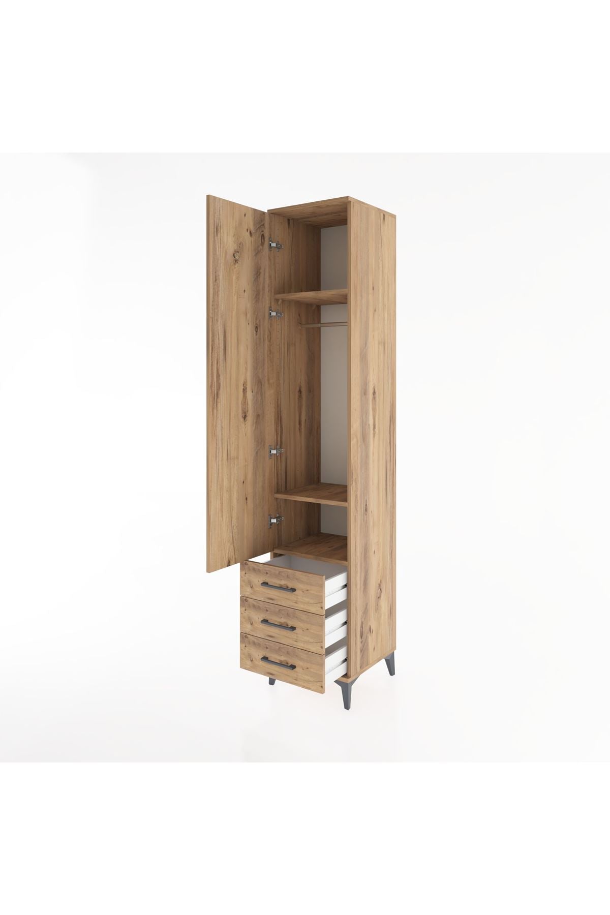 Hyperion Dolap 3 Raflı 3 Çekmeceli Tek Askılı 44x44x221 Çam-Çam