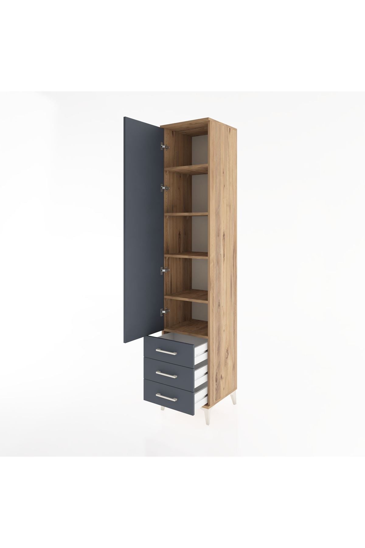 Hyperion Dolap 5 Raflı 3 Çekmeceli Tek Kapaklı 44x44x221 Çam-Antrasit