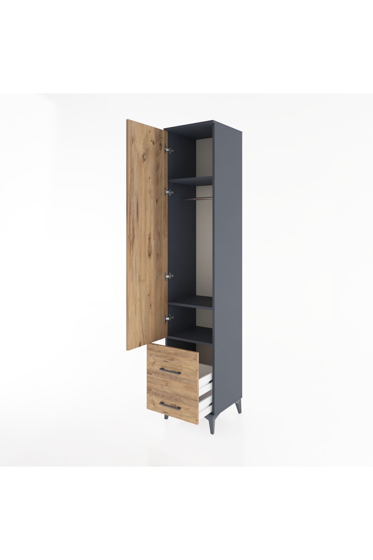 Hyperion Dolap 3 Raflı 2 Çekmeceli Tek Askılı 44x44x221 Antrasit-Çam