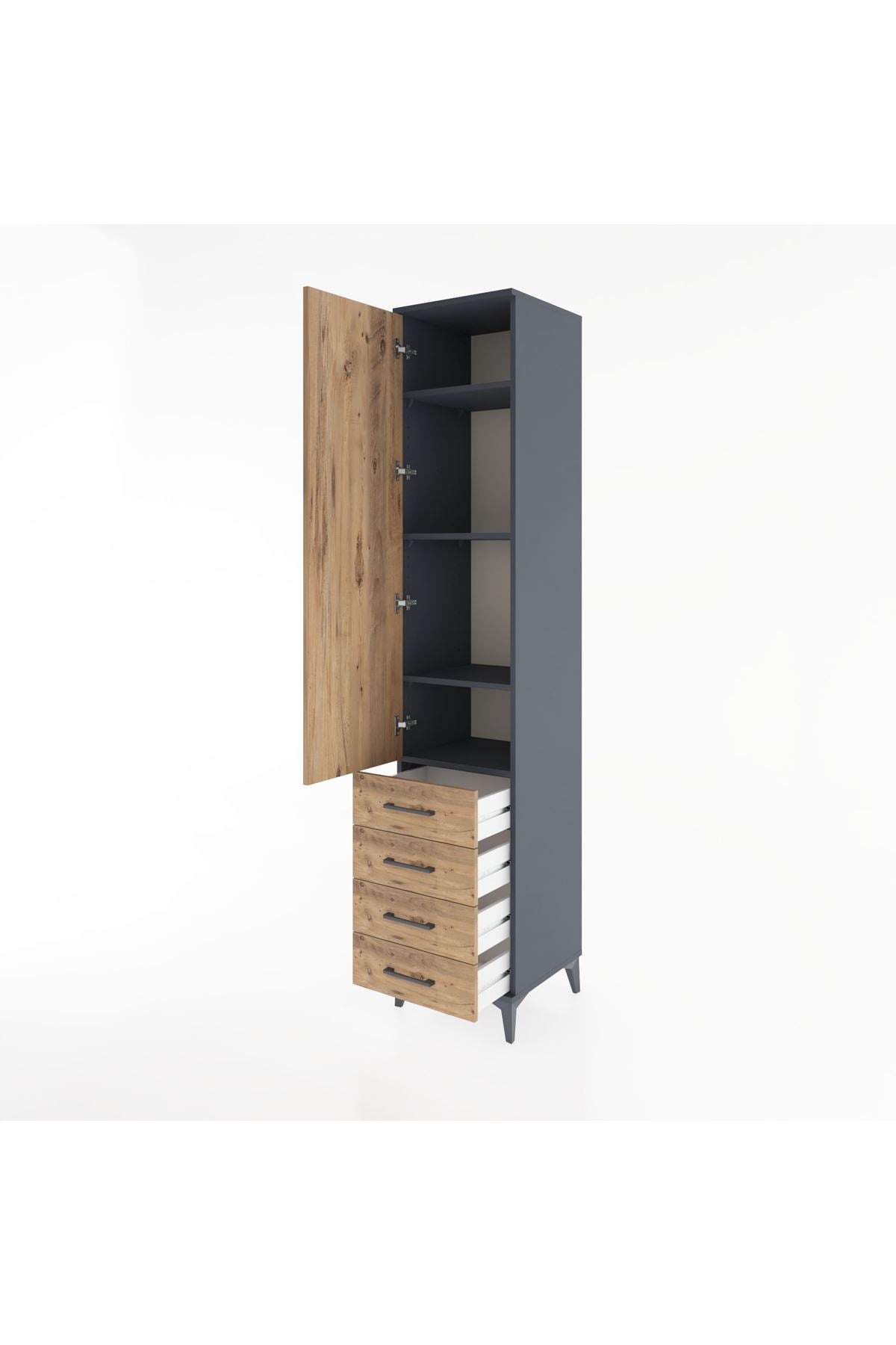 Hyperion Dolap 4 Raflı 4 Çekmeceli Tek Kapaklı 44x44x221 Antrasit-Çam