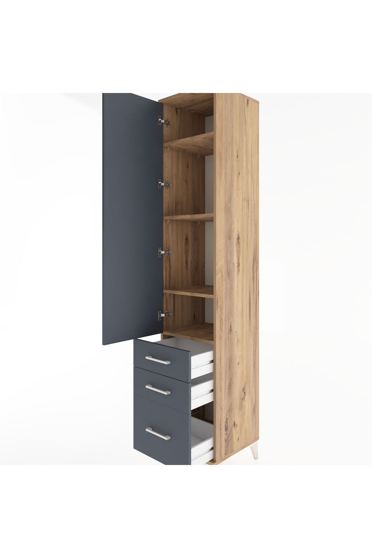 Hyperion Dolap 4 Raflı 3 Çekmeceli Tek Kapaklı 44x44x221 Çam-Antrasit