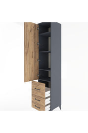 Hyperion Dolap 4 Raflı 3 Çekmeceli Tek Kapaklı 44x44x221 Antrasit-Çam