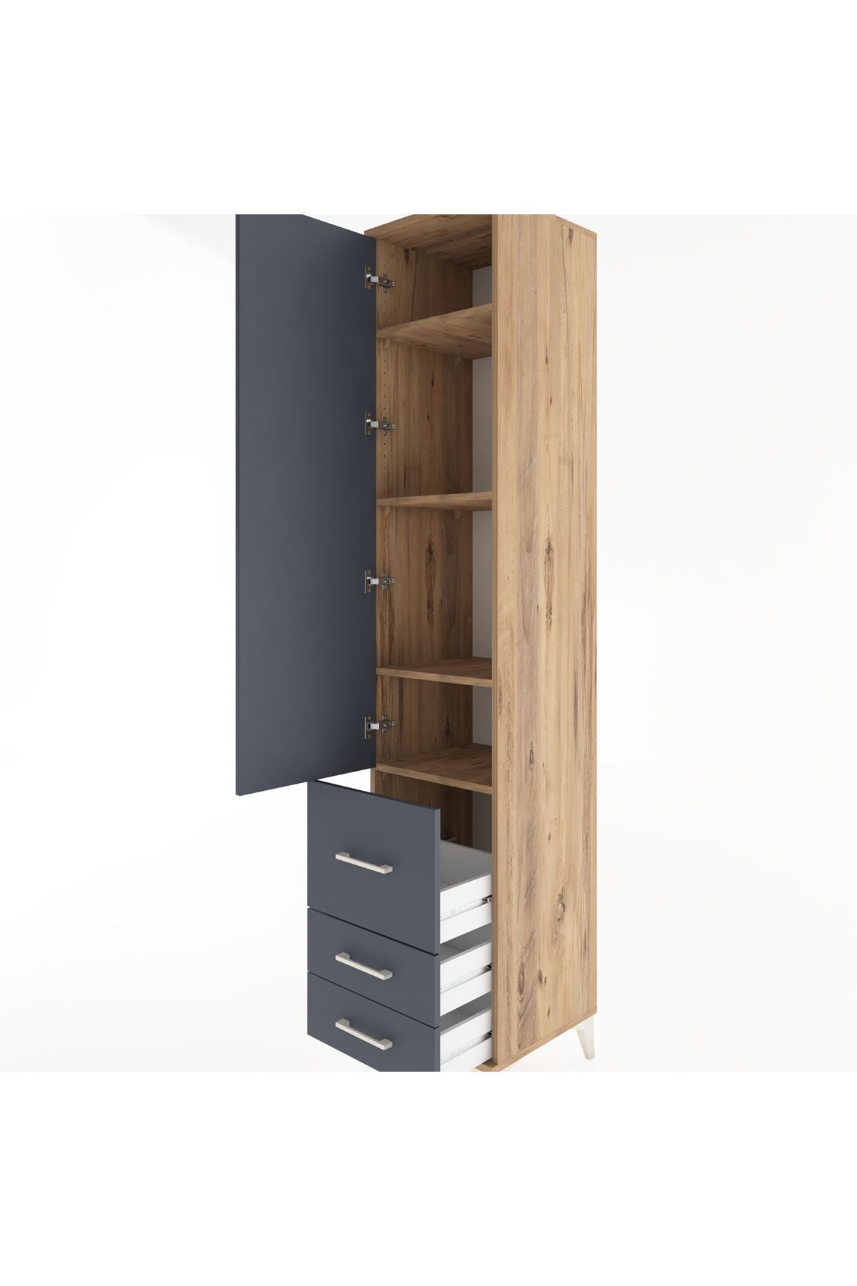 Hyperion Dolap 4 Raflı 3 Çekmeceli Tek Kapaklı 44x44x221 Çam-Antrasit