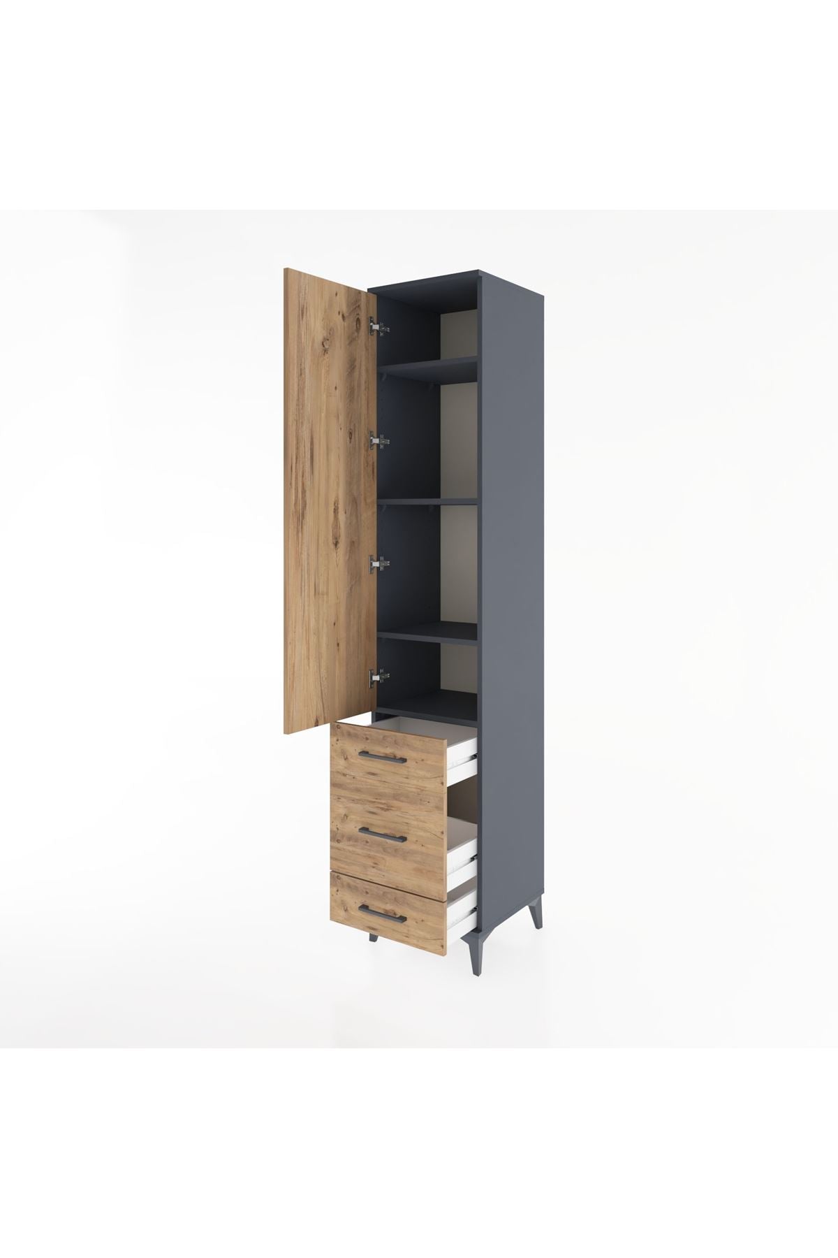 Hyperion Dolap 4 Raflı 3 Çekmeceli Tek Kapaklı 44x44x221 Antrasit-Çam