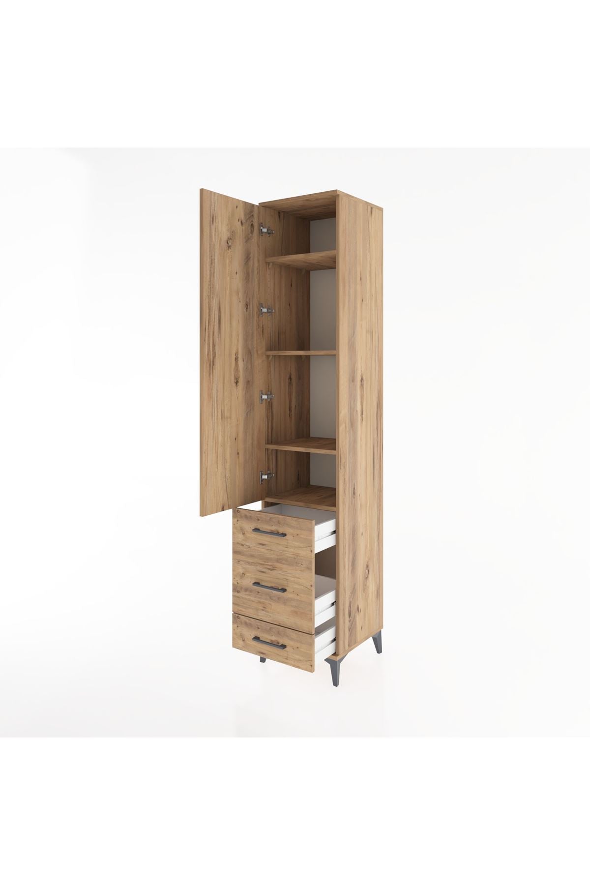 Hyperion Dolap 4 Raflı 3 Çekmeceli Tek Kapaklı 44x44x221 Çam-Çam