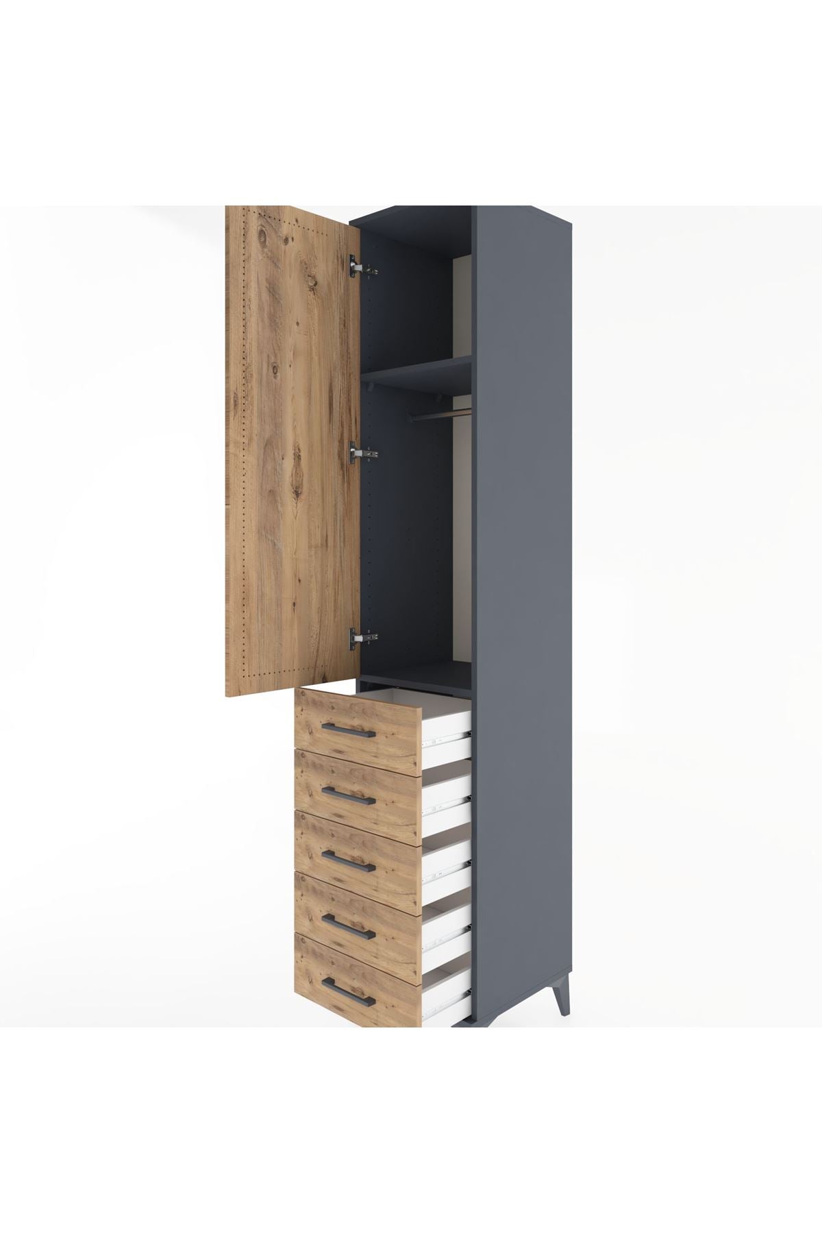 Hyperion Dolap 2 Raflı 5 Çekmeceli Tek Askılı 44x44x221 Antrasit-Çam