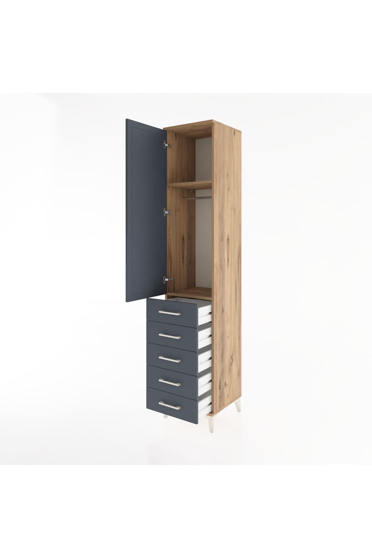 Hyperion Dolap 2 Raflı 5 Çekmeceli Tek Askılı 44x44x221 Çam-Antrasit