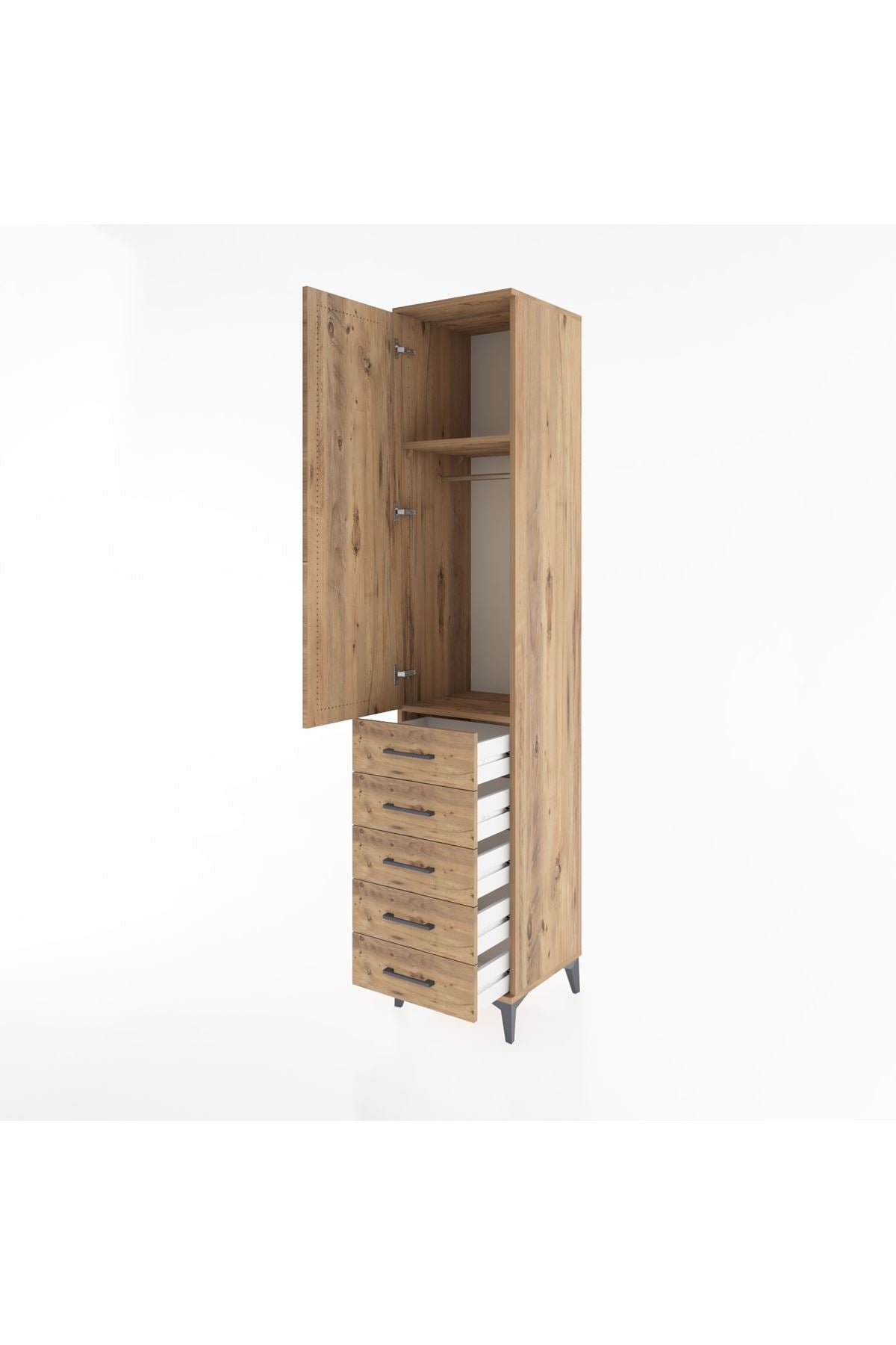 Hyperion Dolap 2 Raflı 5 Çekmeceli Tek Askılı 44x44x221 Çam-Çam