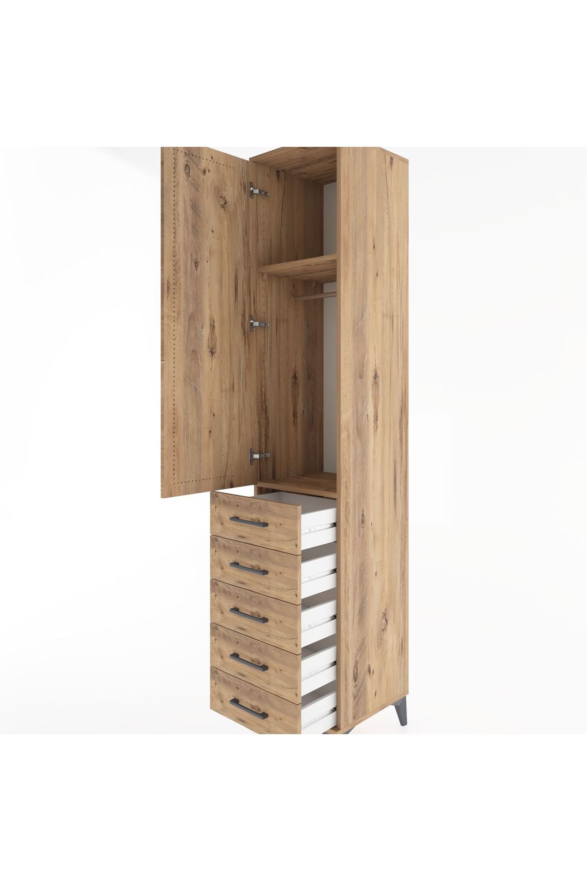 Hyperion Dolap 2 Raflı 5 Çekmeceli Tek Askılı 44x44x221 Çam-Çam