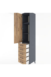 Hyperion Dolap 3 Raflı 5 Çekmeceli Tek Kapaklı 44x44x221 Antrasit-Çam