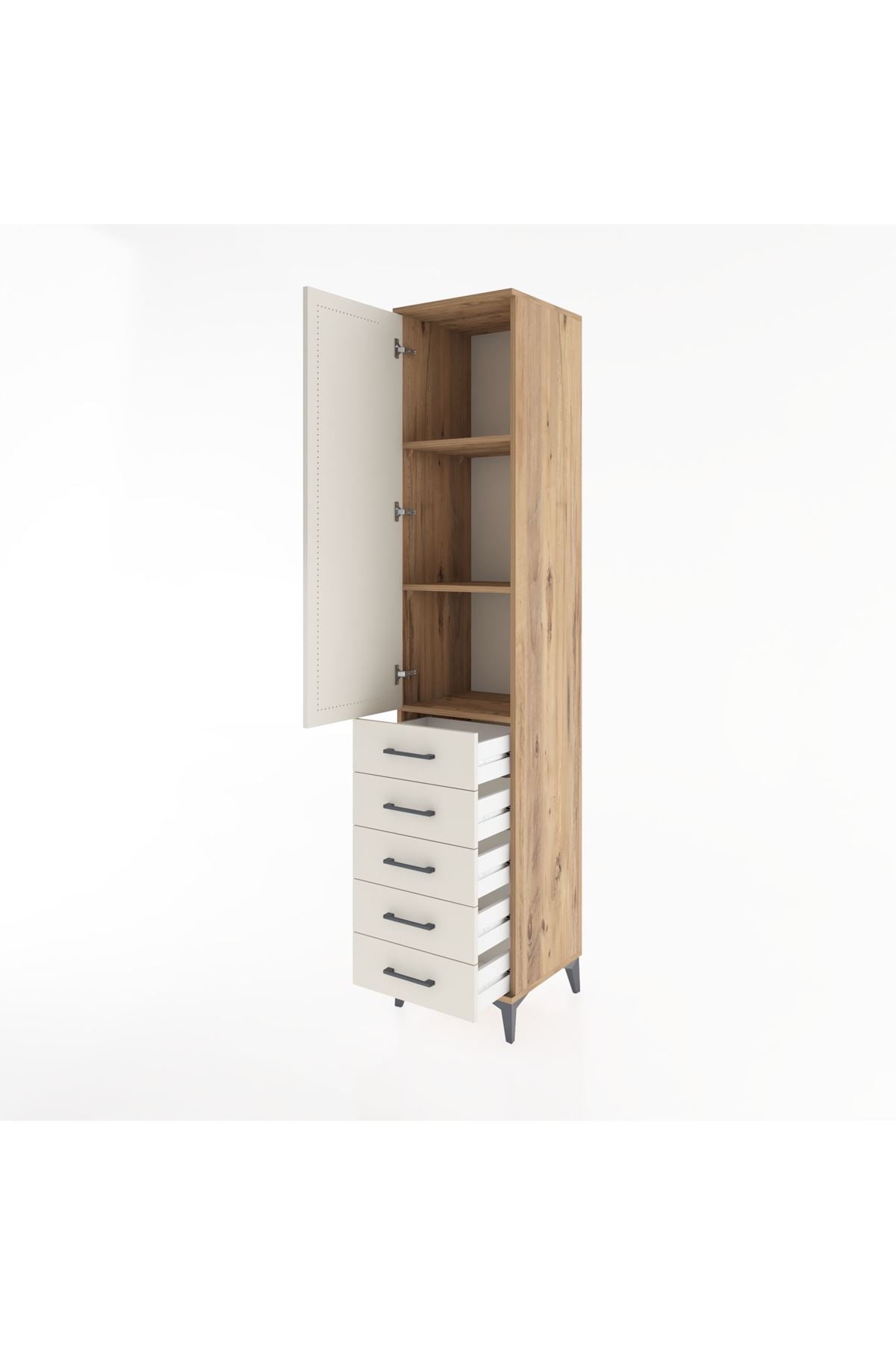 Hyperion Dolap 3 Raflı 5 Çekmeceli Tek Kapaklı 44x44x221 Çam-Aytaşı