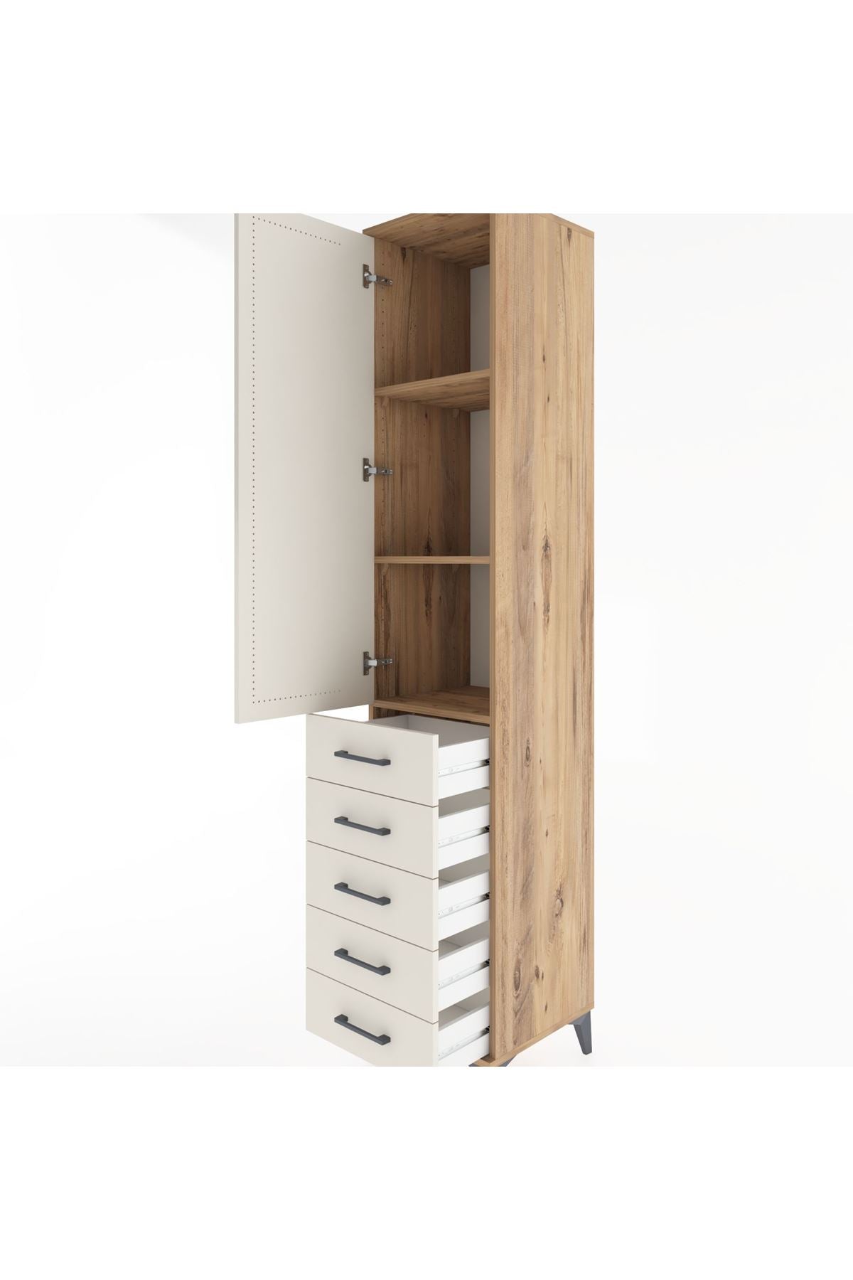 Hyperion Dolap 3 Raflı 5 Çekmeceli Tek Kapaklı 44x44x221 Çam-Aytaşı