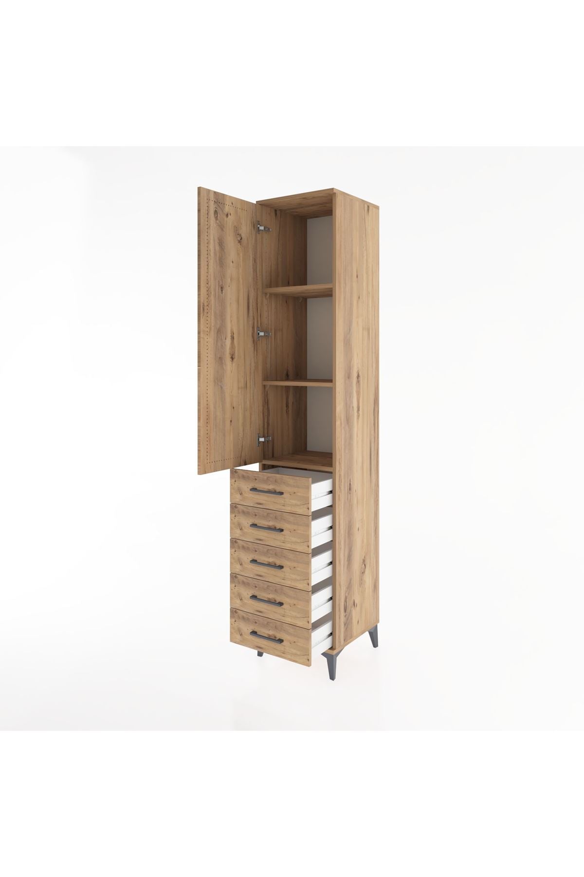 Hyperion Dolap 3 Raflı 5 Çekmeceli Tek Kapaklı 44x44x221 Çam-Çam