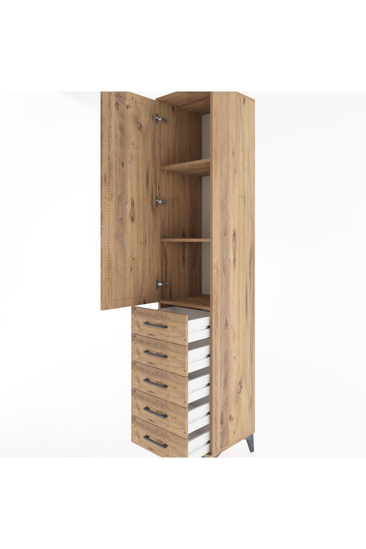 Hyperion Dolap 3 Raflı 5 Çekmeceli Tek Kapaklı 44x44x221 Çam-Çam