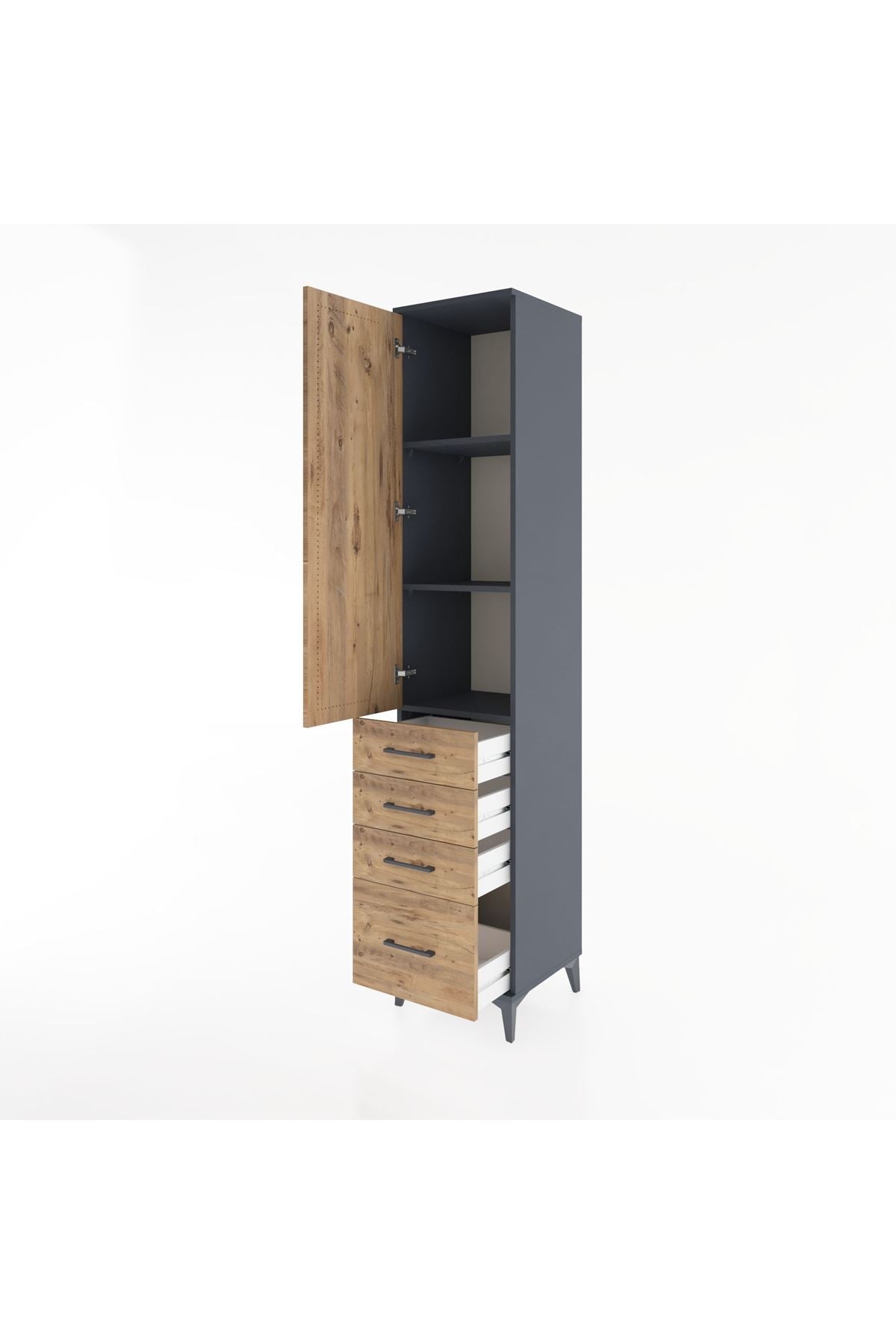 Hyperion Dolap 3 Raflı 4 Çekmeceli Tek Kapaklı 44x44x221 Antrasit-Çam