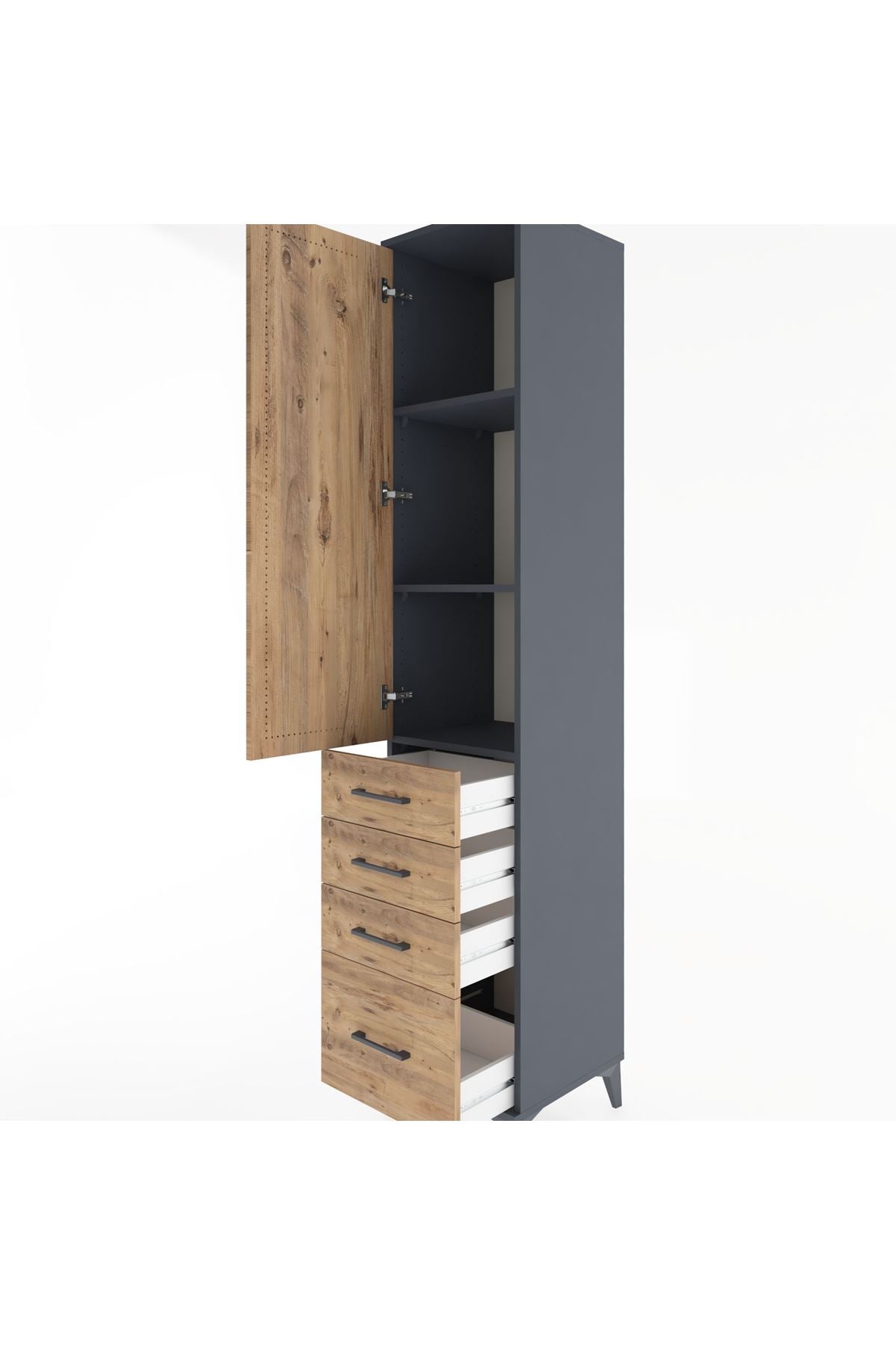 Hyperion Dolap 3 Raflı 4 Çekmeceli Tek Kapaklı 44x44x221 Antrasit-Çam