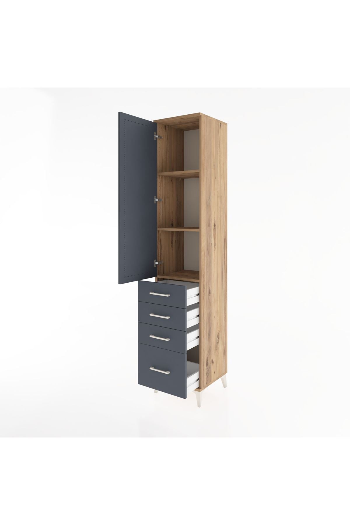 Hyperion Dolap 3 Raflı 4 Çekmeceli Tek Kapaklı 44x44x221 Çam-Antrasit