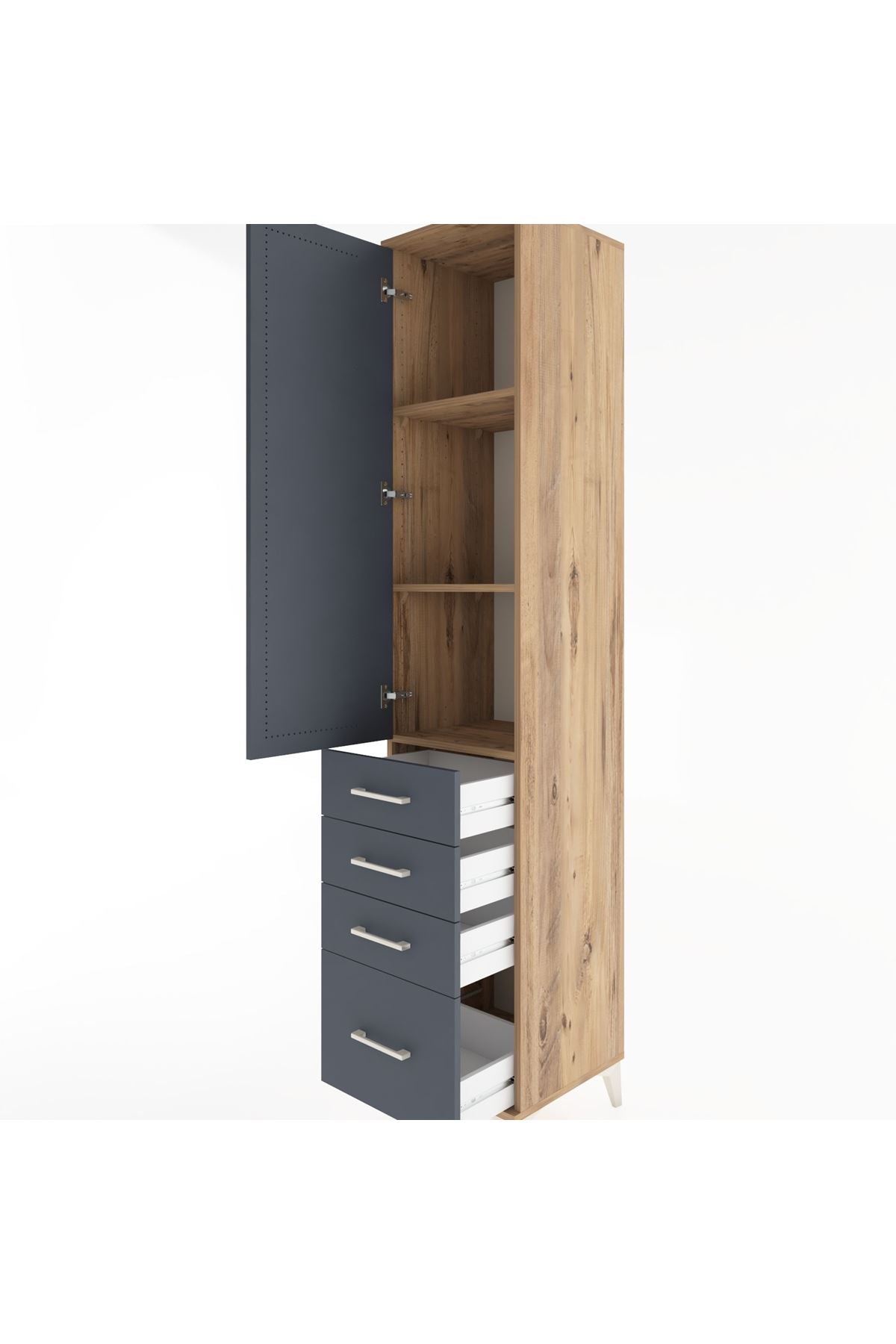 Hyperion Dolap 3 Raflı 4 Çekmeceli Tek Kapaklı 44x44x221 Çam-Antrasit