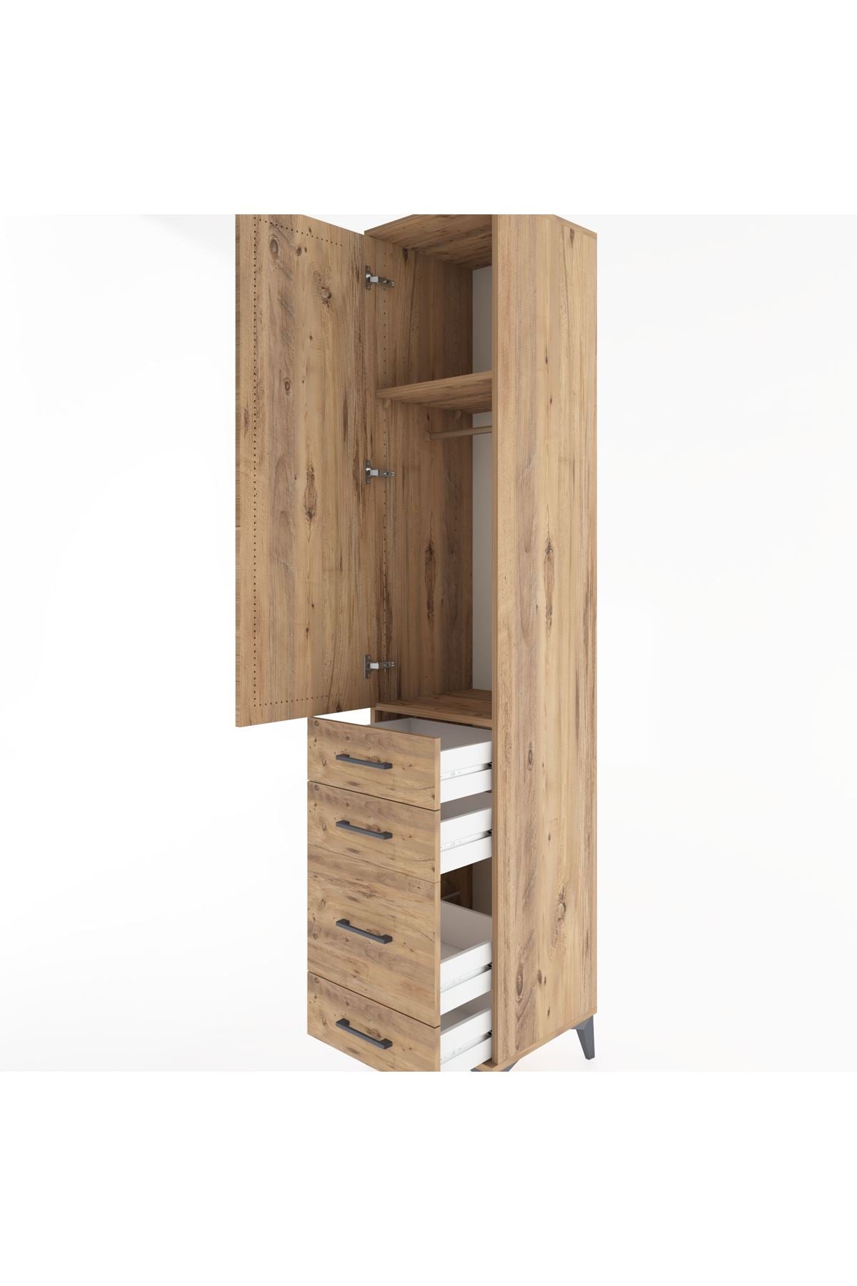 Hyperion Dolap 2 Raflı 4 Çekmeceli Tek Askılı 44x44x221 Çam-Çam