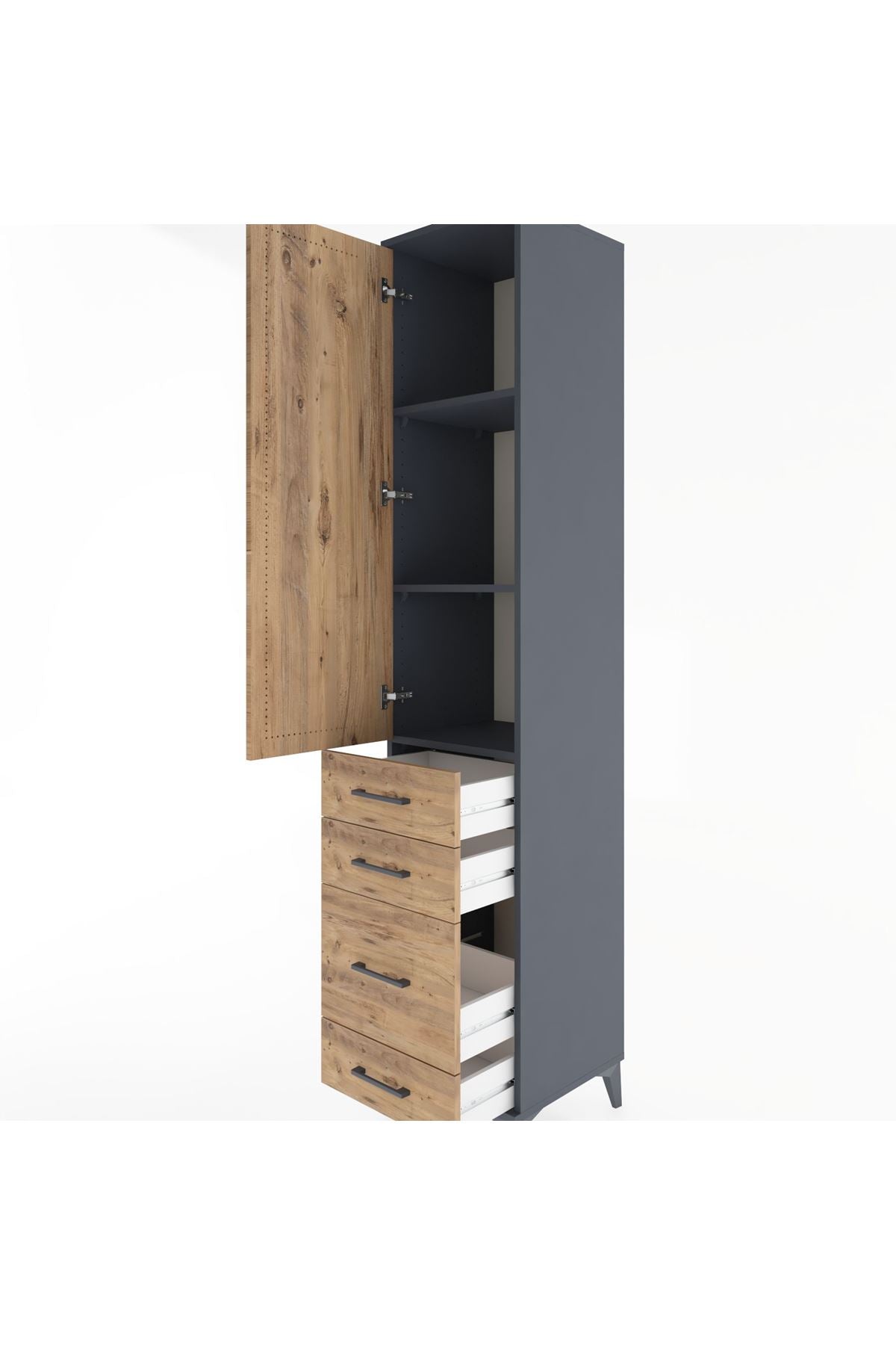 Hyperion Dolap 3 Raflı 4 Çekmeceli Tek Kapaklı 44x44x221 Antrasit-Çam