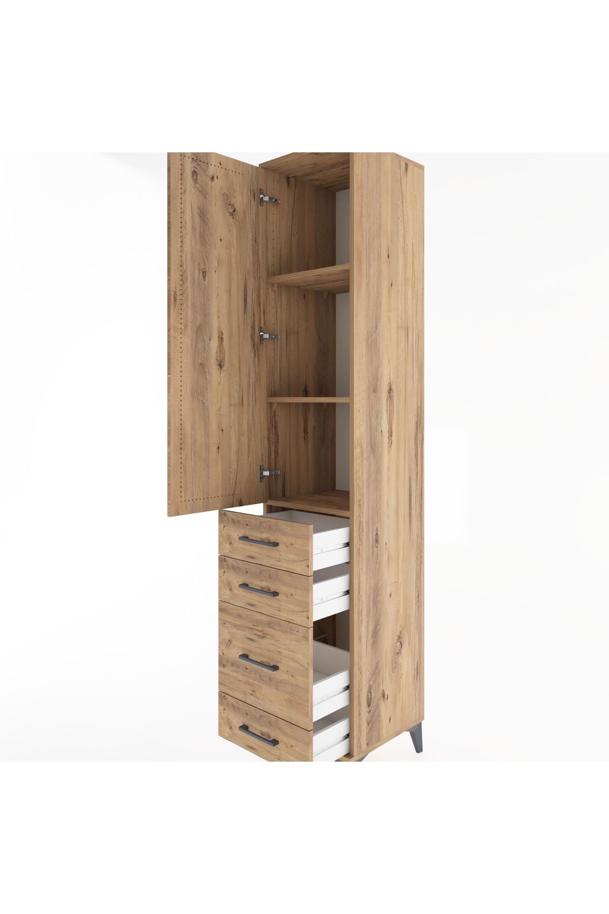 Hyperion Dolap 3 Raflı 4 Çekmeceli Tek Kapaklı 44x44x221 Çam-Çam